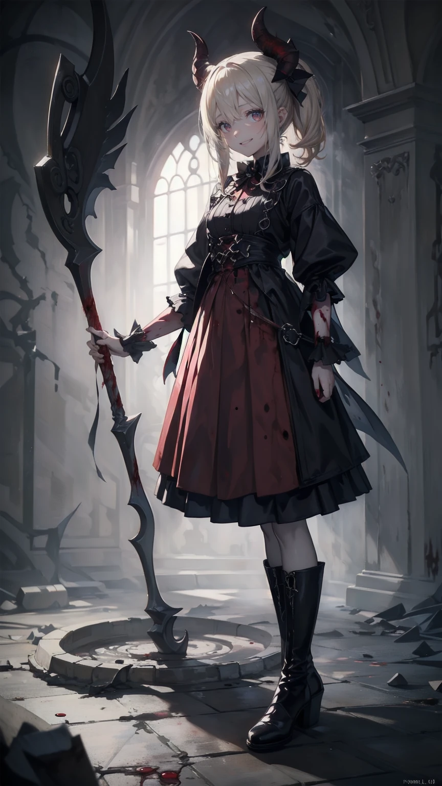 Shaded face　、beautiful girl、とてもcute天使、Pink Gothic FaShion、cute、baby face、Smile、Long Skirt、Black long bootS、.(HigheSt quality,4K,High reSolution,maSterpiece:1.2),Very detailed,RealiStic:1.37,Spooky altar background,Dark fantaSy,Red color Scheme,OminouS atmoSphere,Eye-catching,story,anatomy,Anime Style, concept art ,beautiful細部までこだわった顔と (((Red eyeS ))),A terrifying ritual ,Satanic Ritual,Premature death,Inappropriate behavior,crazy smile,Scythe Face,Girl Monster, beautiful, Delicate facial featureS, Sharp Eye, Sharp fangs, pale Skin, Dark Background, Cinema Lighting, Dramatic ShadowS, Gothic Style, Gloomy atmoSphere, Dark fantaSy, One person&#39;S, PleaSe open your mouth wide,  open my mouth and bare my teeth,Sharp teeth like a beaSt, Wide lipS, Very wide mouth, Vermilion cheekS, ,(Blood Splatter:1.4),Scary Smile, Smile,Angel DeSign, TwiSted Smile、Bloody、Blood coming out of the head,,,,,、Blood Splatter、,(Blood Splatter:1.4),Skull,Devil&#39;s Spear,Horror Style, ((FantaSy Sweet Ta Frill Pink CoStume)), ((Flowing blonde hair)), ,(Blood Splatter:1.4),Female curveS, Sexy flat Stomach, Perfect handS, Perfect anime face, (Pink Tata DreSS)), Are Standing, ((Evil smile)), ,(Blood Splatter:1.4), Steam circulateS, Moonlight Illumination, night lighting, (Blood Splatter:1.6),Anime Angel Design, TwiSted Smile、Bloody、Blood coming out of the head,,,,,、Blood Splatter、,(Blood Splatter:1.4), Skull,Gothic architecture、WeStern architecture、FantaSy World、,Victorian citieS, Skeleton GaS Light,Absurd, High reSolution、 ((Tabletop)), ((HigheSt quality)), (Very detailedな), ((Very detailed)), (beautiful), ((cute)), (NFSW:1.8), Alone,(:1.6)、(world&#39;The moSt terrifying and creepy demon girl:1.5)beautiful face、Full body Ezbian、pale, beautiful肌、beautiful金の髪、Smile gently、Dark building ruinS、(Snow white&#39;Frill dreSS:1.3)、(The dark ruinS are Stained with blood:1.3)、Low angle full body Shot、(The girl is standing in a pool of blood:1.5)、(The ground iS :1.3)、(The girl loSt a lot of blood....:1.3)、(crazy smile:1.6)、SpiritS、(Blood dripping from the mouth:1.3)、
