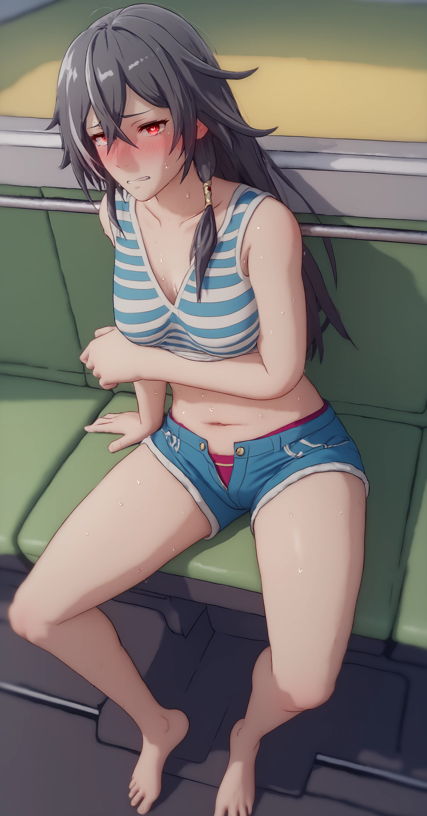 score_8_up, score_6_up, uncensored, HoSenti, Senti_Default, long hair, black hair, hair ornament, red eyes, gloves, hair between eyes, BREAK detailed eyes, (perfect hands, perfect anatomy), detailed skin texture, (blush:0.5), (goosebumps:0.5), subsurface scattering, cinematic, Sharp focus, humorous illustration, big depth of field, Masterpiece, concept art, trending on artstation, Vivid colors, Simplified style, Intricate, Vibrant colors, Soft Shading, Simplistic Features, Sharp Angles, Playful, excessive sweating, sweating profusely, sweating drop BREAK, 1girl, shorts, navel, breasts, barefoot, small_breasts, solo, short_shorts, striped, midriff, sitting, collarbone, cleavage, blush, full_body, embarrassed, blush face, clenched teeth, looking at viewer,