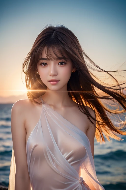 (highest quality, 32k, High resolution, masterpiece:1.5,), Haunting fantasy portrait in abstract style, ((In a swirl of fantastic pastel colors and soft light)), Evoking a sense of soothing tranquility and elusive beauty, Award-winning masterpiece with amazing details, cute japanese woman, 14 years old, perfect human anatomy, big magical eyes, gentle smile, ((Shiny detailed brown hair)), Long straight hair tousled by the wind, Beautiful asymmetrical bangs, hair between eyes, smooth and soft skin, thin eyebrows, clear double eyelids, Attractive pink lips, ((naked, Wrap your body in a transparent silk cloth)), High resolution perfect collarbone, High resolution beautiful bust, Slender body with plump breasts, ((Colorful sparkling light effects:1.3)), summer blue sea, The blue, sparkling water surface reflecting light, bright sunshine, professional lighting, professional photographer, Professional models,mysterious