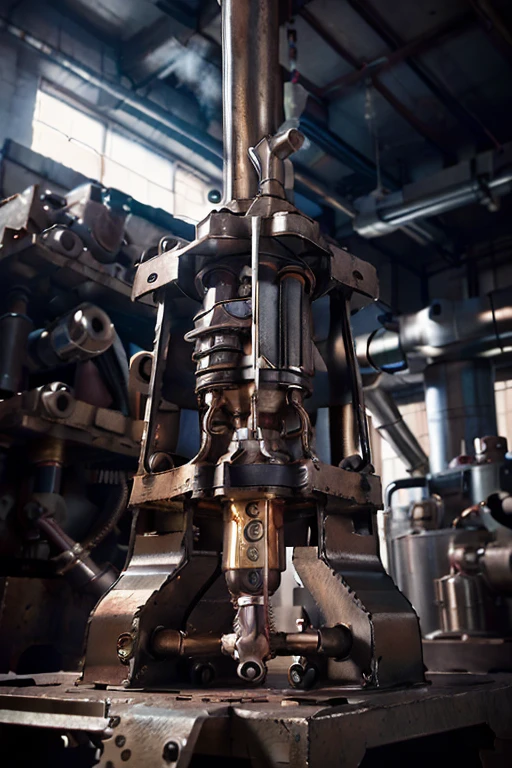 a detailed industrial factory dildo, hydraulic press, factory machinery, industrial, gears, metal dildo, cogs, pistons, steam pipes, metal textures, sex machine, machine dildo, weathered, dramatic lighting, cinematic, moody, realistic, 8k, high quality, photorealistic