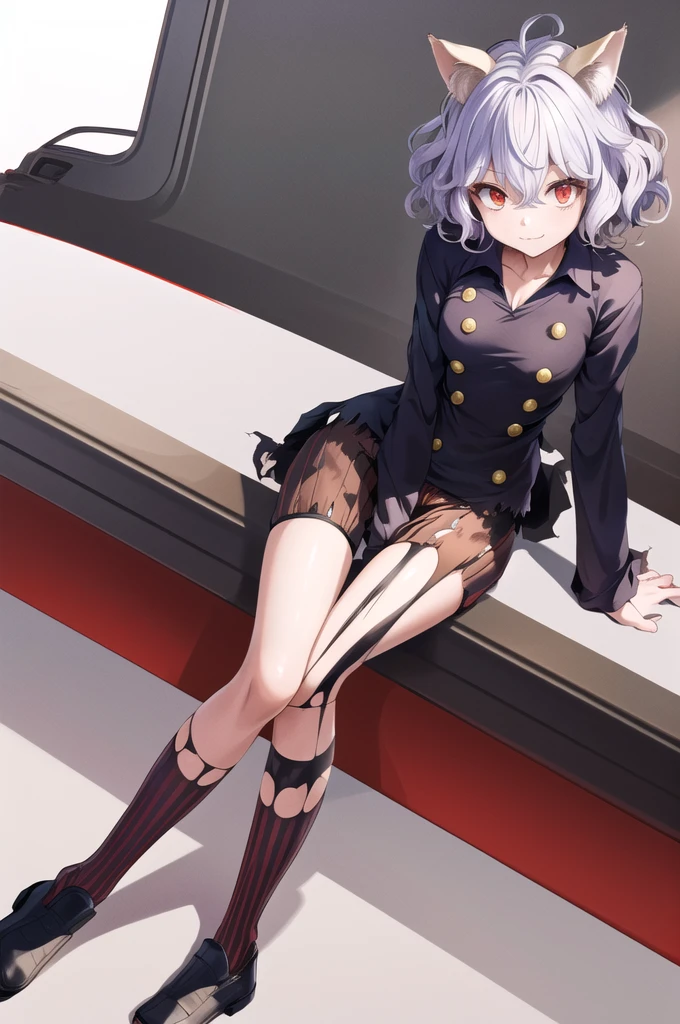 masterpiece, best quality, highres, neferpitou1, cat ears, (cat tail:0.6), solo, short hair, red eyes, long sleeves, hair between eyes, :3, curly hair, striped, cat girl, buttons, striped shorts, (torn clothes:1.3), sitting,