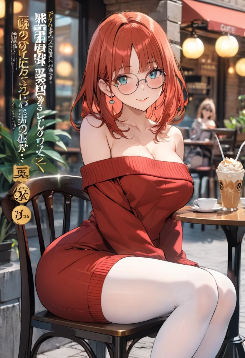 1 women, BREAK bare shoulders, collarbone, dress, long sleeves, off shoulder, off-shoulder dress, off-shoulder sweater, pantyhose, red sweater, sweater, sweater dress, thighs, , thick thighs, anime cover, full body, nilou, niloudress, frilled, street, best quality, masterpiece), 1women ,4k, 8k, uhd, hdr, detailed background,mature female, wearing round glasses, Magazine cover, adult female , mature female, whole body, cleavage, sitting on chair , cafe background , cafe