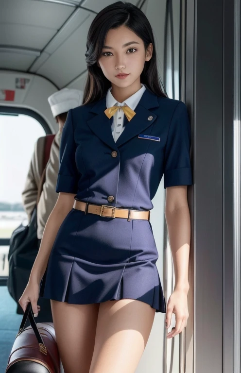 highest quality、16K high resolution、Super detailed、masterpiece、Live shooting、realistic:1.4、hyper realism:1.4、sharp focus、very delicate and beautiful、small details、1 female, railway conductor、(Lifting up her skirt and showing her panties:1.5)、(standing on the platform:1.5)、(super beautiful)、(beautiful face:1.7)、(short hair:1.2)、(barefoot:1.5)、(detailed face)、(thin and beautiful eyes)、Perfect round eyes、(lip details)、(lipstick)、(eyeliner)、mascara、eye shadow、(dark blue conductor uniform:1.5)、(navy blue jacket)、(navy blue mini skirt)、(white shirt)、(tie)、(Uniform Cap:1.2)、(white gloves:1.5)、(white panties:1.5)、(station platform:1.2)、(Trains that have stopped:1.4)、(roof)、(Crowded)、detailed background、(above the knee shot:1.2)、(At SFW:1.2)