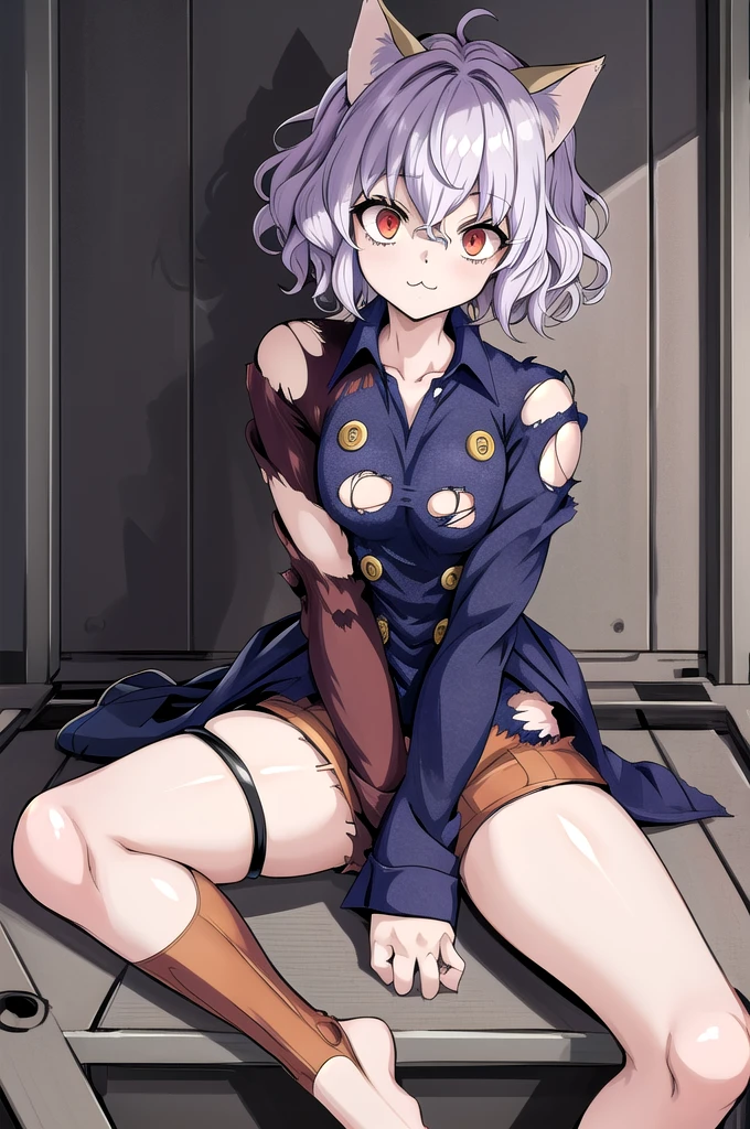 masterpiece, best quality, highres, neferpitou1, cat ears, (cat tail:0.6), solo, short hair, red eyes, long sleeves, hair between eyes, :3, curly hair, striped, cat girl, buttons, striped shorts, (torn clothes:1.3), sitting,