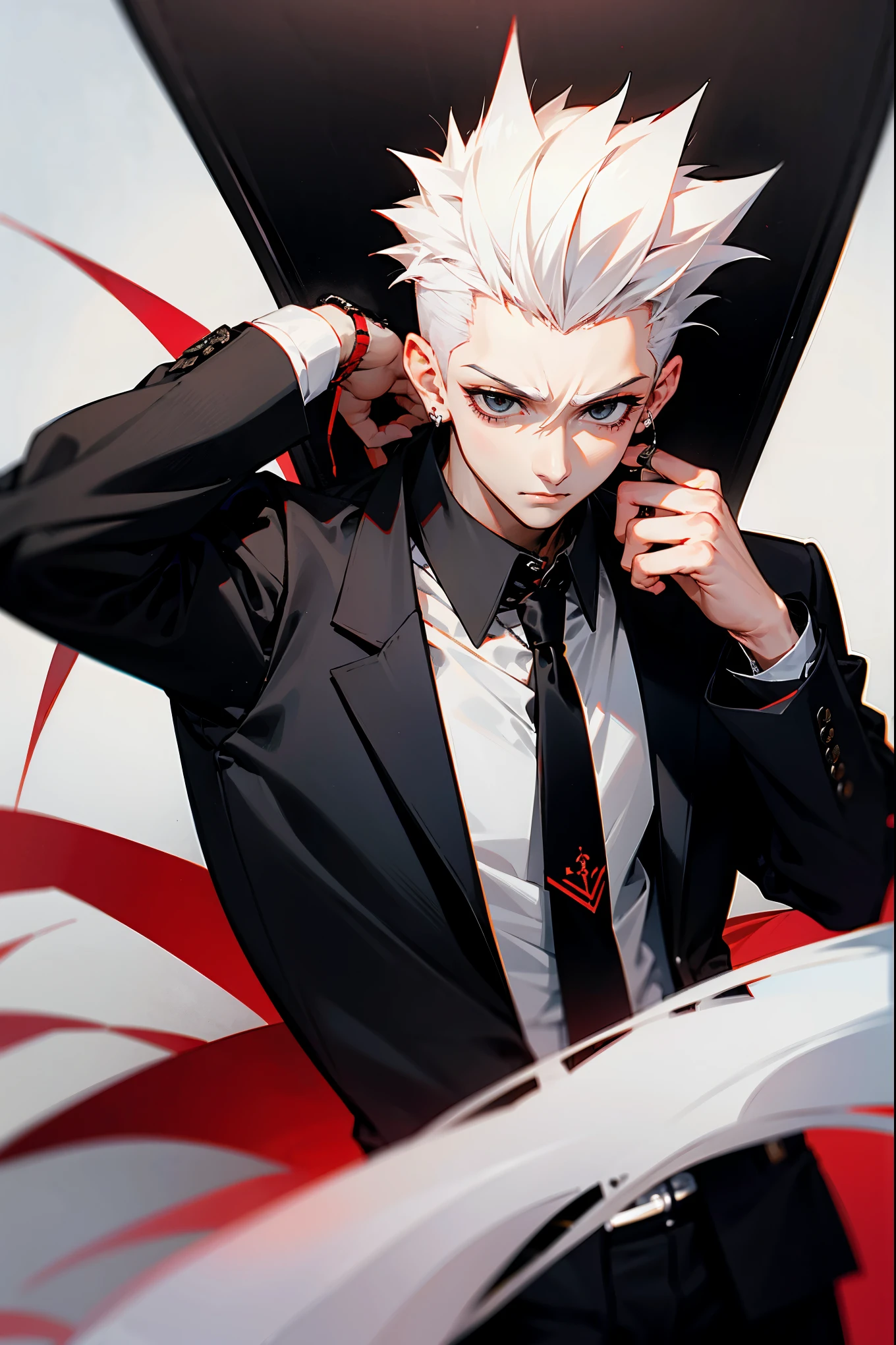 1male, spiked hair, black to white hair, black eyes, black button up shirt, red blazer, red tie, black pants