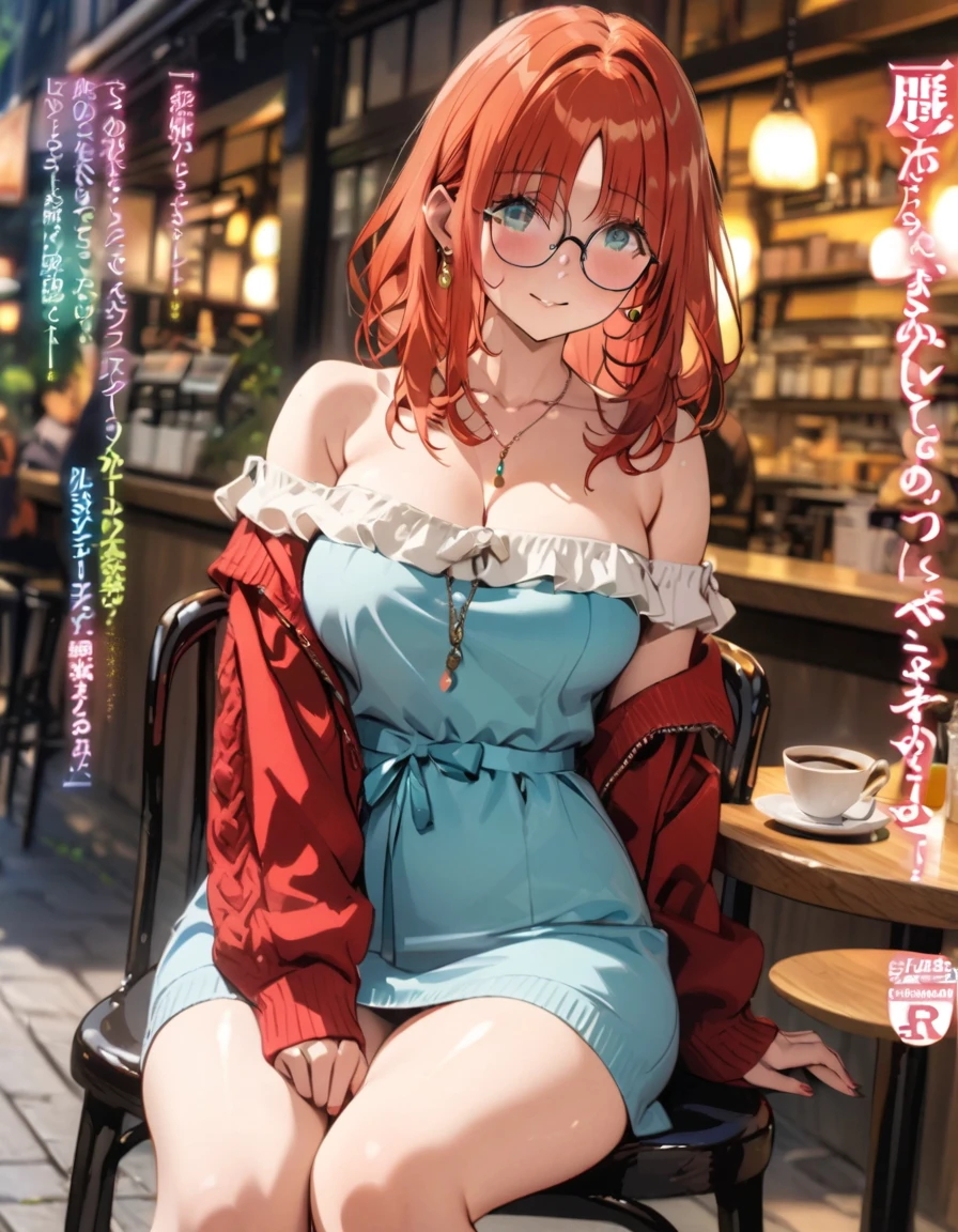 1 women, BREAK bare shoulders, collarbone, dress, long sleeves, off shoulder, off-shoulder dress, off-shoulder sweater, pantyhose, red sweater, sweater, sweater dress, thighs, , thick thighs, anime cover, full body, nilou, niloudress, frilled, street, best quality, masterpiece), 1women ,4k, 8k, uhd, hdr, detailed background,mature female, wearing round glasses, Magazine cover, adult female , mature female, whole body, cleavage, sitting on chair , cafe background , cafe
