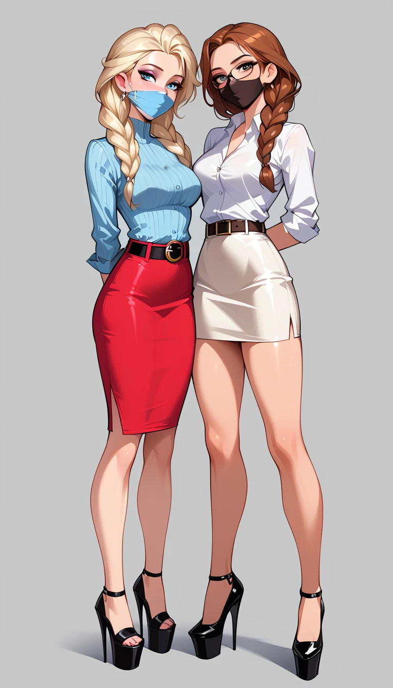 score_9, score_8_up, score_7_up, 2girls, duo, (Anna, brown hair, braided pigtails, wearing tight pencil skirt, belt, blouse, spectacles, platform heels:1.3) and (Elsa, blonde, braid, wearing tight pencil skirt, belt, blouse, spectacles, platform heels:1.2), flirt, gaze, sexy look, half-closed eyes, head tilt, filled lips, thick lips, makeup, side view, (full bodies in view) expressiveh d4rk01l, perfect hands, perfect proportions, simple background. shibari, bound arms, arms behind back, legs apart, wrap mask gag, mask otn gag, tight mask.