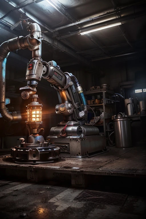 a detailed industrial robot, hydraulic, machinery, industrial, gears, tube light for eyes, cogs, pistons, steam pipes, metal textures, grunge, rust, weathered, dramatic lighting, cinematic, moody, realistic, 8k, high quality, photorealistic