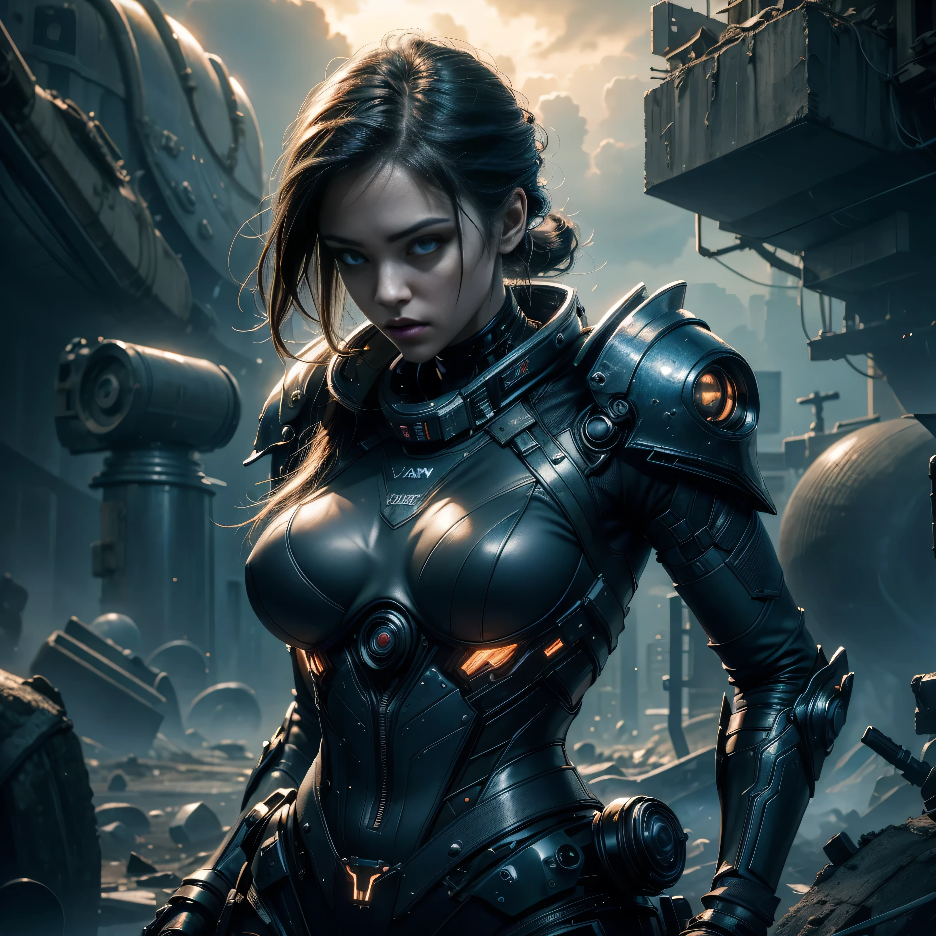 RAW photograph, portrait quality, an ultra hot gorgeous European woman, 23 years old , random hair color, wind blown hair, dusty face, clad in sheer iridescent transparent cyberpunk armor (vaultsuit with pipboy3000 on wrist), Against the backdrop of a desolate post-apocalypse, action pose, futuristic laser rifle in hand aiming forward and shooting, destroyed buildings, Carcasses of burnt futuristic war vehicles, tracer bullet flares on background, Oppressive atmosphere, Dark skies, photo realism, sharp-focus, fallout, science fiction, cinematic scene, backlight. Perfect anatomy, perfect hair, perfect breast, perfect body, perfect hands, perfect face, perfect eyes, accurate, anatomically correct, perfect clear and crisp focus, UHD, masterpiece,