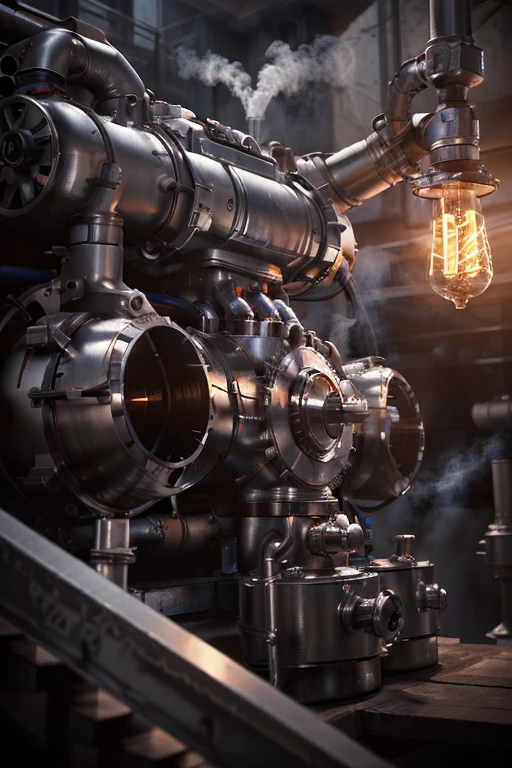 industrial handyman unity, giant mechanical hands, metal tube body, hole in the tube that shows the heart, gears, steam, pistons, dramatic lighting, cinematic, moody, realistic, 8k, high quality, photorealistic