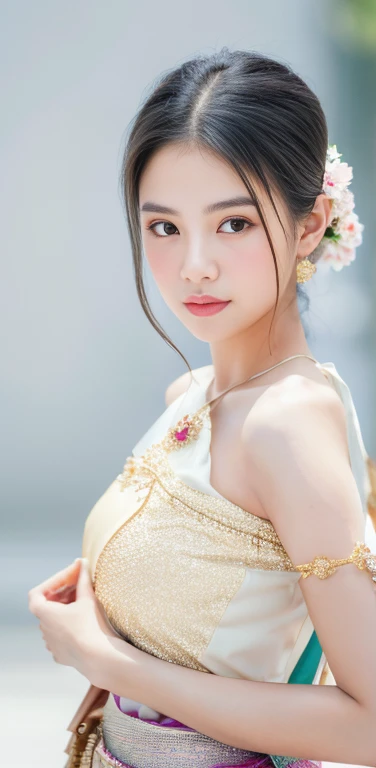 beautiful girl ,Thai women&#39;warrior, walking at thai measure, dynamic poses,  3 D, 8k, 45,000,000,000 pixels, Thai chat set, Strapless shirt, long hair,black eyes,abdominal muscles, plump body, rounded chest,ถือดอกบัว (big breast:1.3), rift, morning sun, staring at the viewer, (sexy poses), ((facial details)), Double eyelids, That&#39;s finished., realistic, Masterpiece, Highest quality, lens flare, shade, old measure, measure, [[Chromatic aberration]], By Jeremy Lipking, By Antonio J.... Manzanedo, digital painting, hdr, high contrast
white background.,