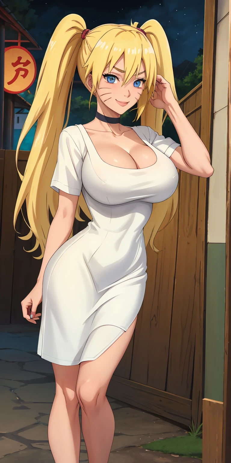 masterpiece, best quality, extremely detail 8k cg, high resolution, 1girl, solo, mature female, WhiteShirt_SexyJusuNaruto_Naruko_ownwaifu, 1girl, blonde hair, naruko \(naruto\), twintails, long hair, facial mark, whiskers, whisker markings, blue eyes, large breasts, hair between eyes, bangs, white dress, mini dress, shirt, cleavage, choker, collarbone, titsonastick, night time, outdoors, konohavillage, beautiful face, seductive expression, smirk, medium full shot 