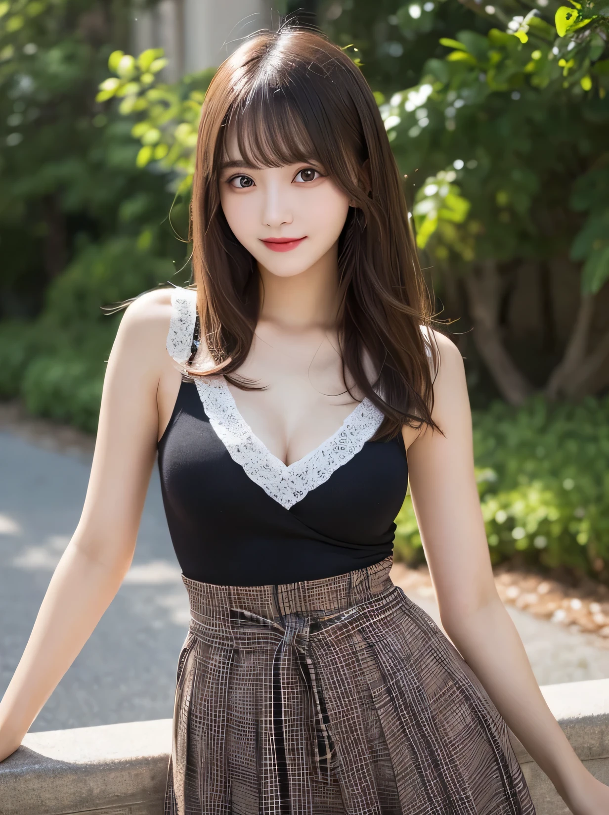 Photo-realistic quality、A 20-year-old female idol taking a photo wearing a sheer black lace camisole, Narrow waist, Beautiful Japanese Model、 Slightly larger breasts、Cleavage、Full body image, Detailed Images, White plaid skirt, mini skirt, 白いチェックのmini skirt, Detailed and beautiful eyes、Cute smile、A soft and gentle look、looking at the camera、In the background is a stream in the forest、Large blurred background