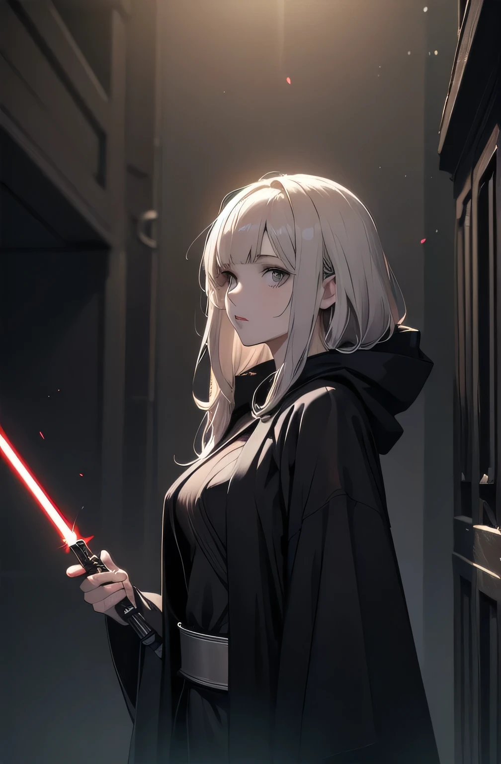 Shadow Face、Star Wars, jedi, black jedi robe、Black Robe, black belt,Star Wars concept art, Star Wars、jedi、Lightsabers、Black Robe、jediの服、Black hoodを被る、Star Wars、beautiful girl、cute、Droopy eyes、Random hair color、Beautiful Long Hair、Straight hair、bangsBangs、bangs、hime cut、Big Breasts、Slim body、slim、(Best Quality,4K,High resolution,Masterpiece 1.2),Very detailed,Real 1.37,Spooky Background,Dark fantasy,Black Theme,Ominous atmosphere,Eye-catching,Anime Style,Concept Art,beautiful, Gentle features, pale Skin, night、Dim lighting、Dark Background, Cinema Lighting, Dramatic Shadows, Spooky atmosphere, Dark words, 1 person&#39;S, Red cheeks, ,(Lightsabers1.3),Ruins,(Wasteland 1.3),((Random hair color)), Female Curves, Sexy flat stomach, Perfect hands, Extend one hand、Perfect anime character face, (Black hood)), standing, ((Black Robe), ,(Star Wars 1.3), In the woods, Moonlight Illumination, Night lighting, jungle、Space Fantasy,SF, Skeleton Gas Light,Absurd, High resolution、 ((Star Wars)), ((Best Quality)), (Very detailedな), ((Very detailed)), (beautiful), ((cute)), 1 person,(1.6)、beautiful face、Full Body Ezbian、pale, Beautiful skin、Big Breasts、Beautiful body、Slim body、beautiful feet、Smiling Kindly、Dark Building Ruins、(Ruins 1.3)、Low angle full body shot、(Random Background 1.3)、(Random Lightsabers Color 1.3)、Spirits、Droopy eyes、bangs, Long Hair, Star Wars、jedi、Blue Lightsabers、Ready your Lightsabers、Star Wars Background、Ruins、In the woodsで、night