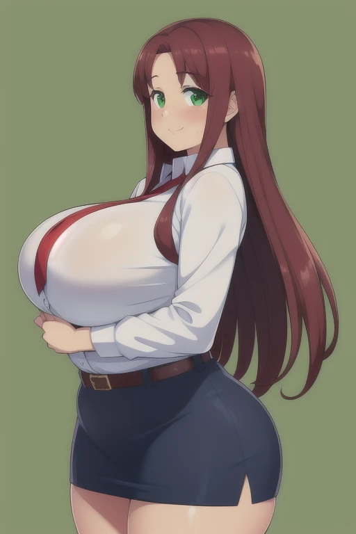 highres, Gigantic breasts, huge breasts, large breasts, wide hips, thick thighs, fat thighs, chubby, olgdmi, 1girl, solo, long hair, brown hair, green eyes, sweet smile, affectionate, (blush), cute, happy, looking at viewer, shirt, red hair, belt, short skirt,