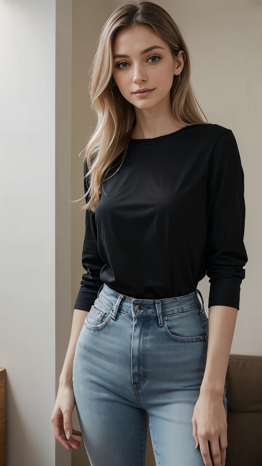 photo of beautiful 24 y.o Kate Mildrew, medium length blonde hair, blue eyes, detailed eyes, pale skin, looking confident, casual, indoor, with an air of superiority, black t-shirt, jeans, cleavage
