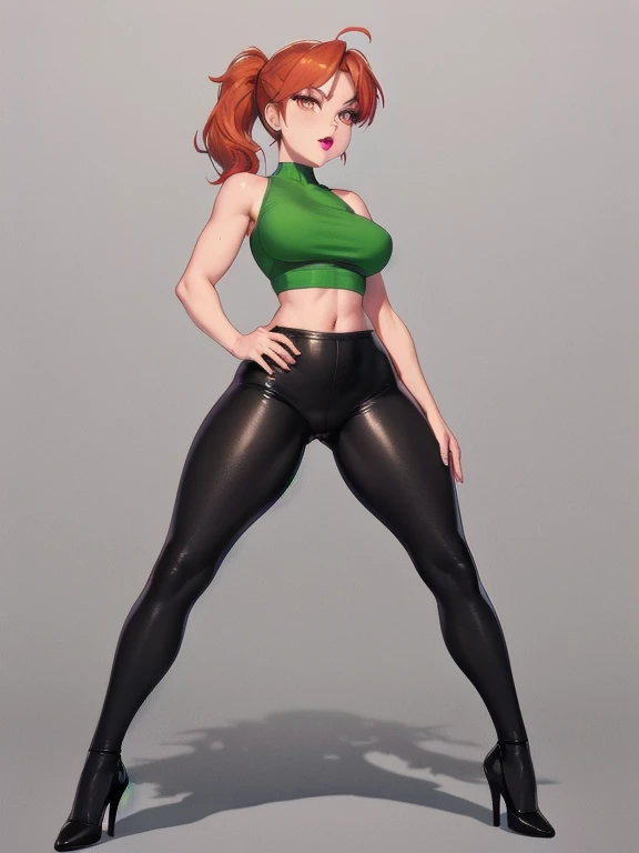  wide hips, thighs, Vicky, ponytail, lipstick, midriff, 1girl, green crop top, pink eyes, black high waisted leather leggings, orange hair ,solo girl, open legs, high heels