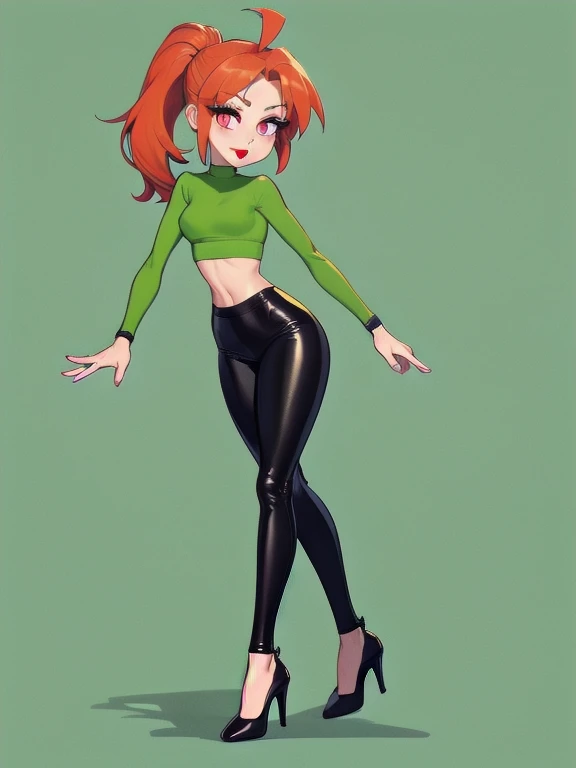  wide hips, thighs, Vicky, ponytail, lipstick, midriff, 1girl, green crop top, pink eyes, black high waisted leather leggings, orange hair ,solo girl, open legs, high heels