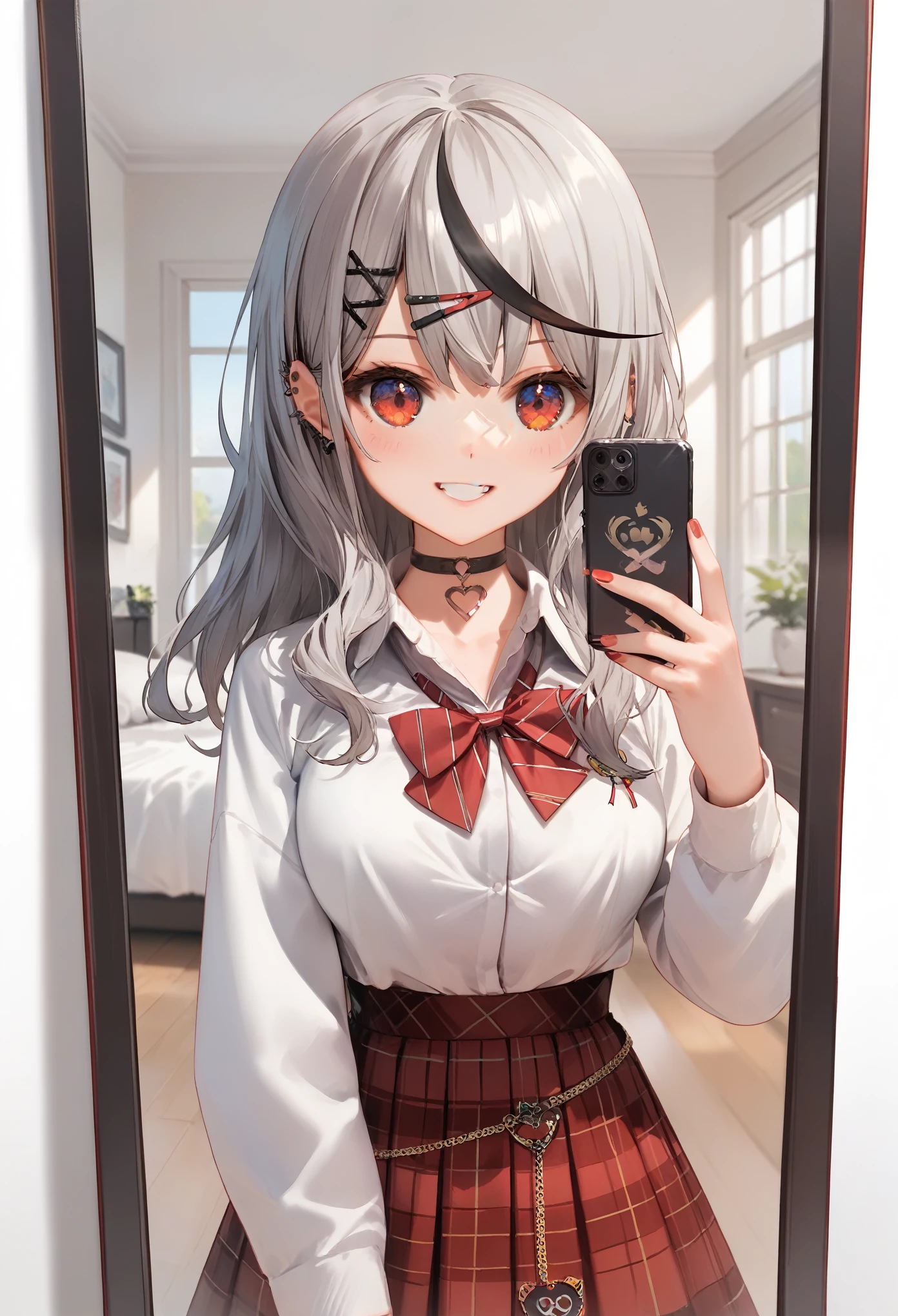 score_9, score_8_up, score_7_up,source_anime, high res image,masterpiece,best quality,(girl:1.0),cute face,clear skin,shiny hair,ultra detailed eyes,sakamata chloe, smile, holding smartphone, selfie, mirror, reflection