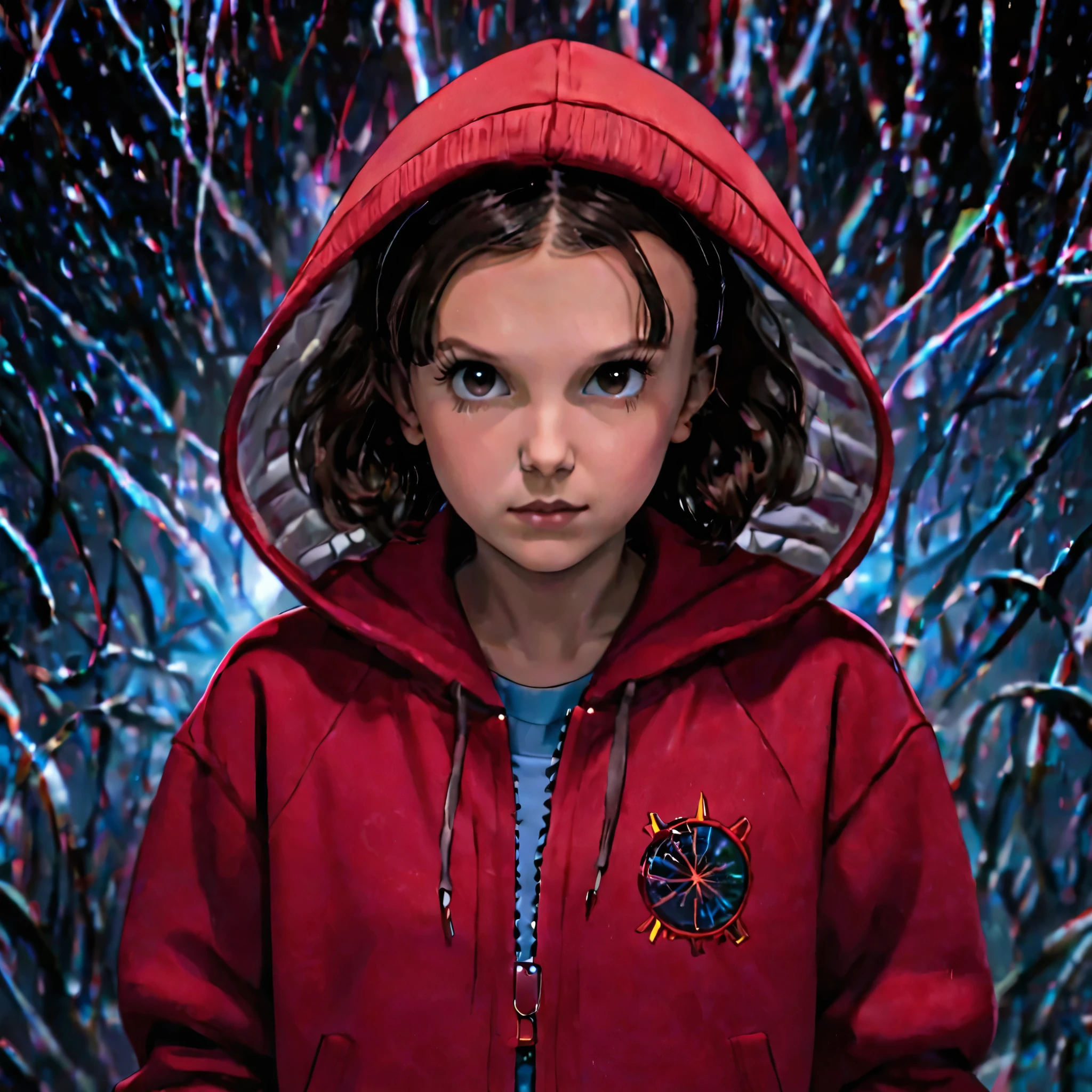 milli3 woman, millie bobby brown, stranger things, 1 girl wearing a jacket and a red hoodie, netflix, eleven, exploring a dark dimension on the human world