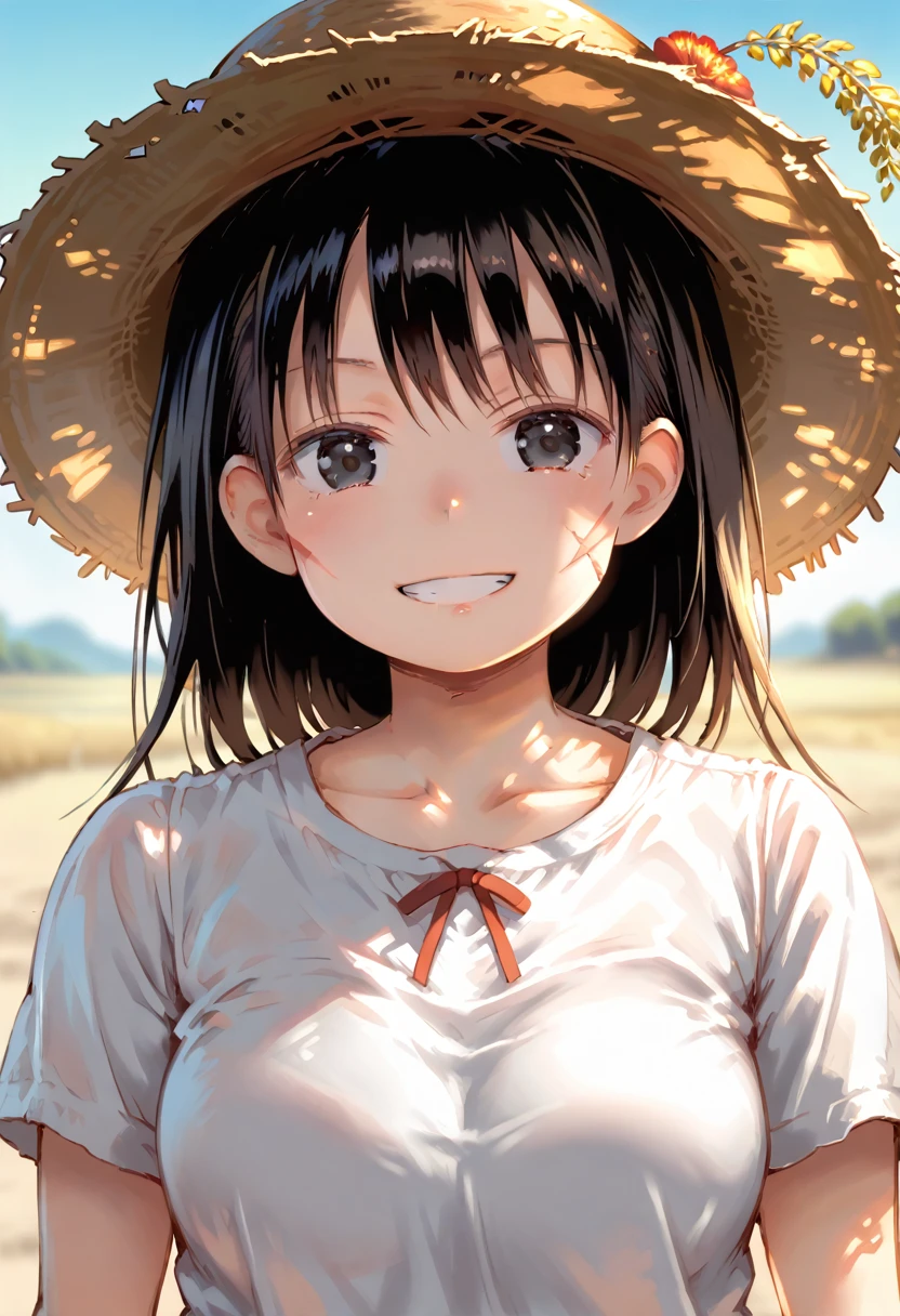 score_9, score_8_up, score_7_up, 1girl, solo, FujisakaLP, (split eyes), scenery, (big breasts:0.8). (wide thighs:1.1), (wide hips:1.1), (mature woman:1.1), (detailed eyes), wanostyle, monkey d luffy, smiling, straw hat, looking at viewer, solo, upper body, ((masterpiece)), (best quality), (extremely detailed), depth of field, sketch, dark intense shadows, sharp focus, soft lighting, hdr, colorful, good composition, fire all around, spectacular, closed shirt, anime screencap, scar under eye, ready to fight, black eyes 