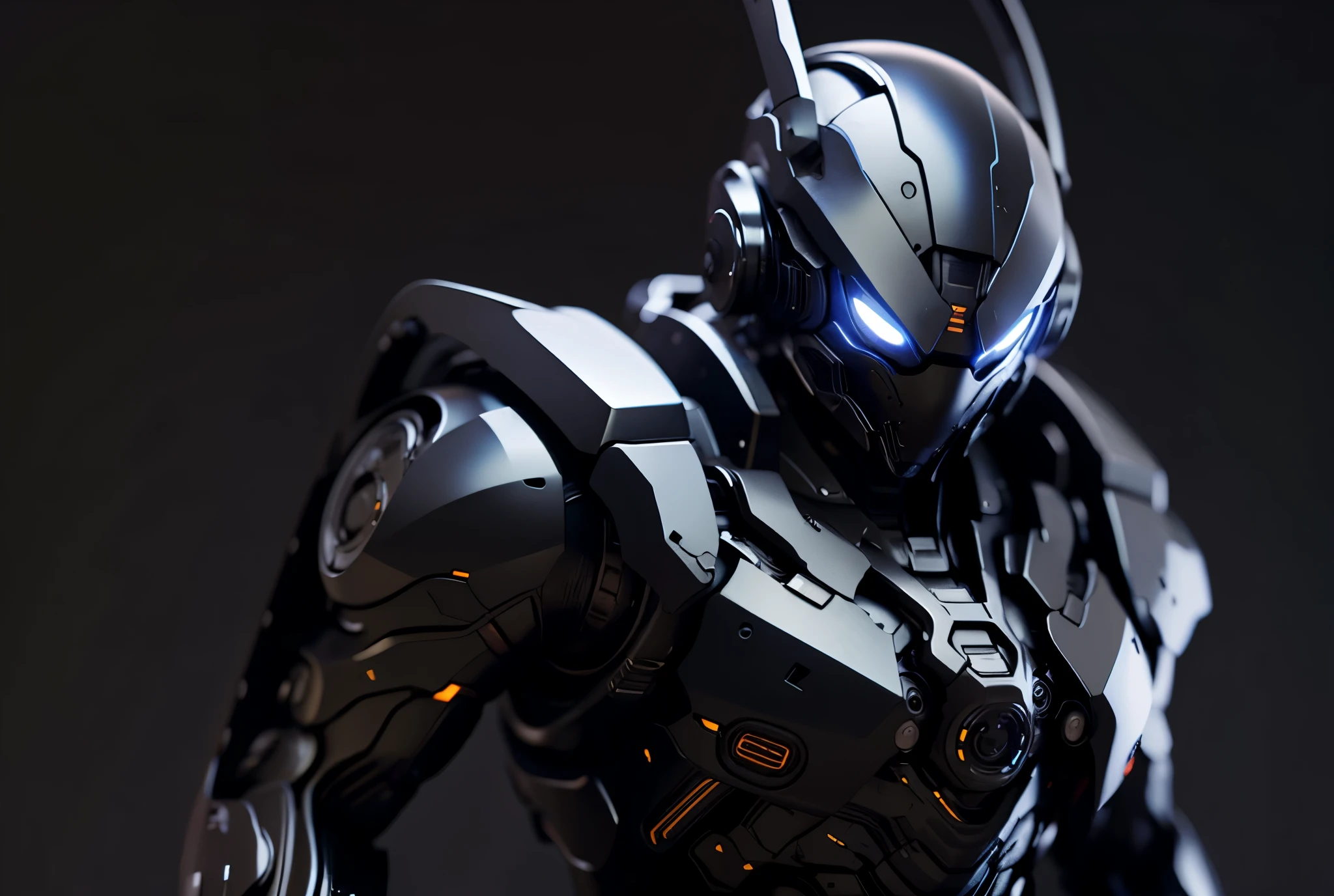 Futuristic black ninja, natural gray background, screen space reflection