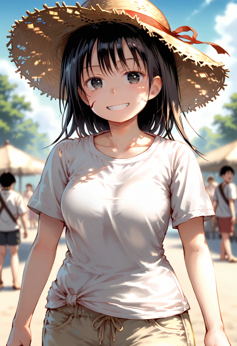 {{{Top quality}}}, {{Very detailed}}, {Illustration}, {{Very delicate and beautiful}}, ((Back alley in a deserted residential area)))), White dress , straw hat, sandals, pool set in plastic bag, girl (5 years old, barefoot), small breasts, round face, girl, (toddler: 1.25), (baby face: 1.2), short limbs, smile, small breasts, girl, A girl walking in a back alley, a man calling out to the girl, a close-up of her bust, (((a man grabs a girl by the hair from behind, a frightened girl, a close-up view of her upper body)))