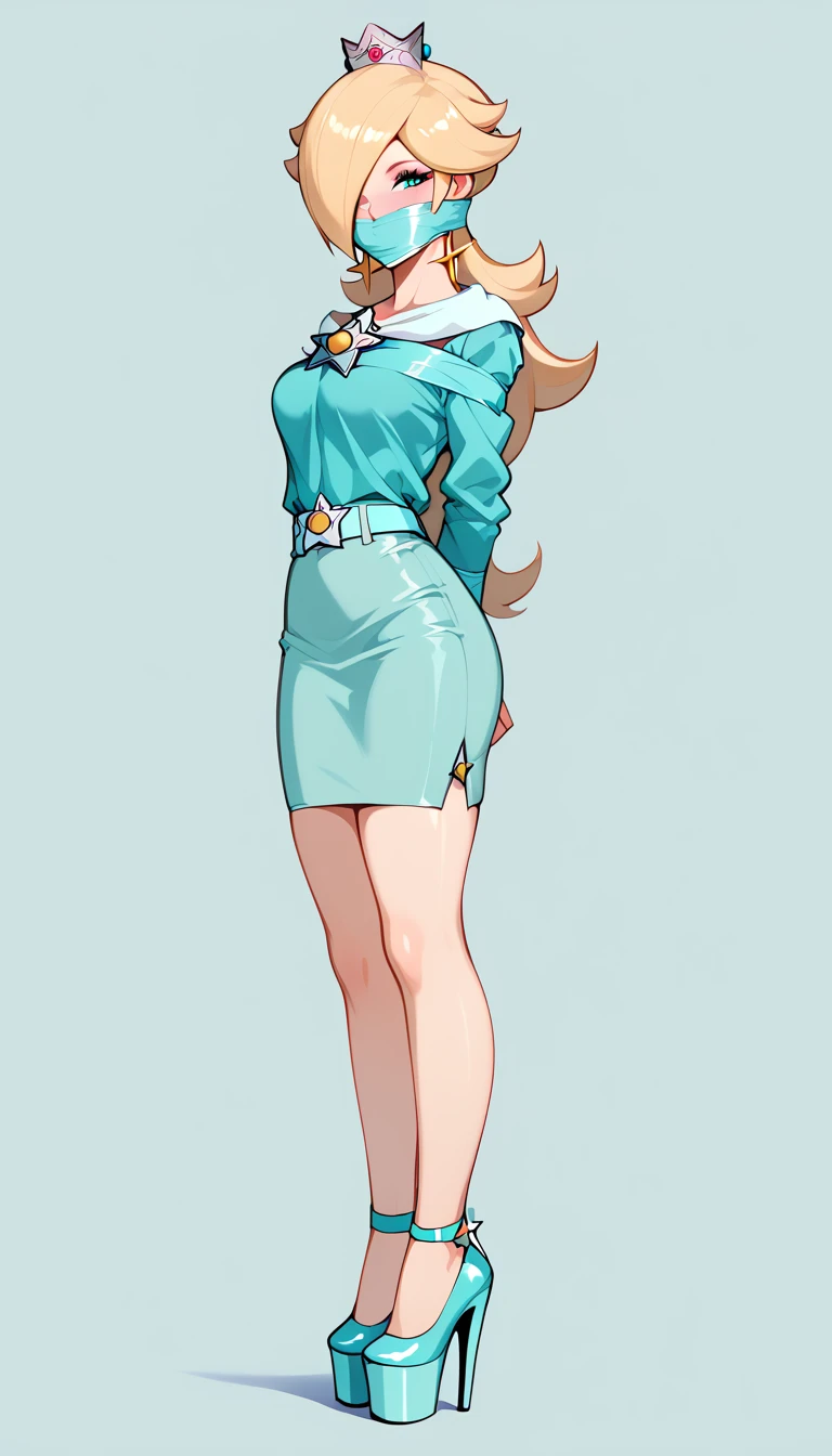 score_9, score_8_up, score_7_up, 1girl (rosalina, blonde, braid, wearing tight pencil skirt, belt, blouse, spectacles, platform heels:1.2), flirt, gaze, sexy look, half-closed eyes, head tilt, filled lips, thick lips, makeup, side view, (full bodies in view) expressiveh d4rk01l, perfect hands, perfect proportions, simple background. tape shibari, bound arms, arms behind back, legs apart, wrap tape gag, wrap over the nose gag.