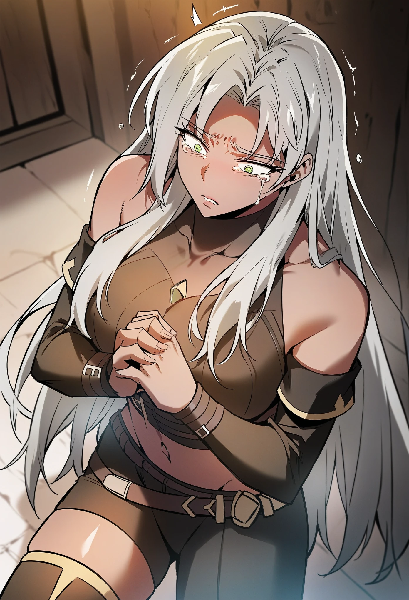 long hair, grey hair, white hair, green eyes, dark skin, yellow eyes, dark-skinned female, parted bangs,large breasts,beggibg for mercy,cry,tears,pray,sleeveless turtleneck, covered collarbone, black shirt, midriff, navel, detached sleeves, black sleeves, multiple belts, black pants, asymmetrical legwear, thighhighs