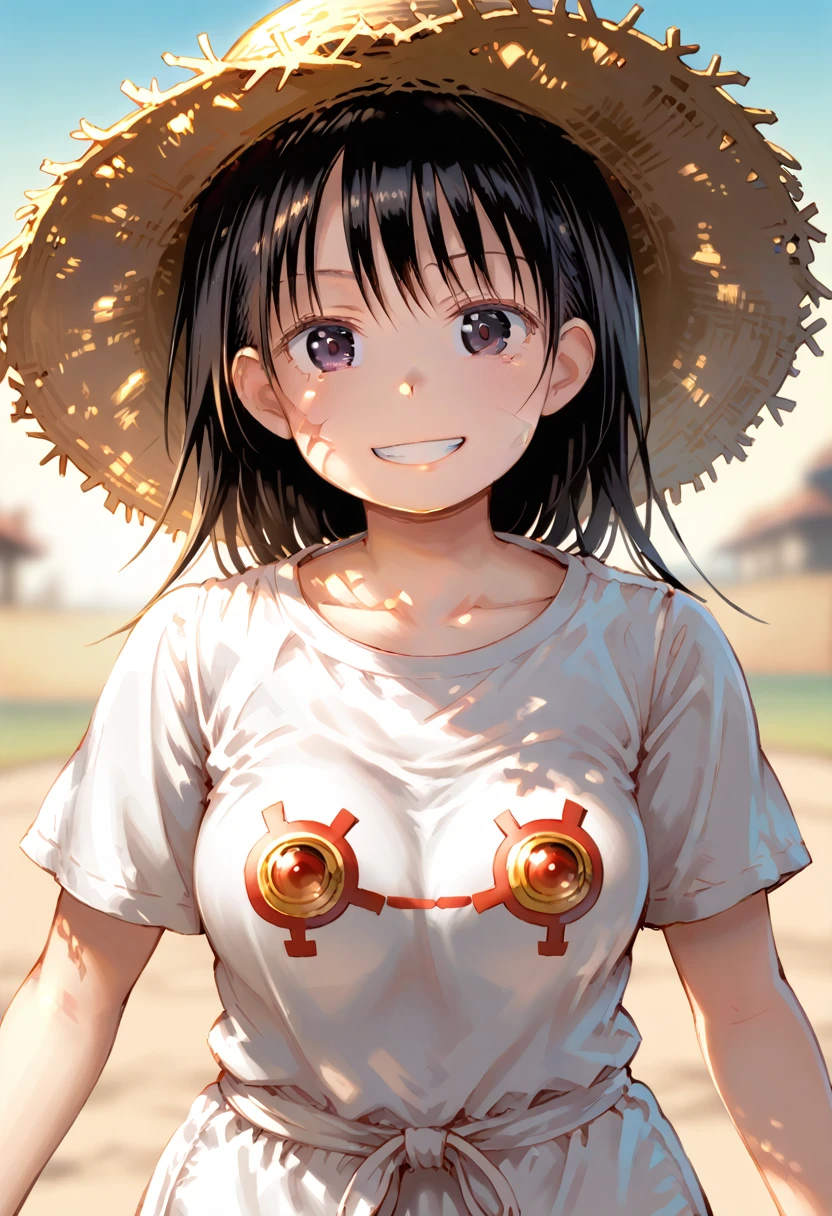 score_9, score_8_up, score_7_up, 1girl, solo, FujisakaLP, (split eyes), scenery, (big breasts:0.8). (wide thighs:1.1), (wide hips:1.1), (mature woman:1.1), (detailed eyes), wanostyle, monkey d luffy, smiling, straw hat, looking at viewer, solo, upper body, ((masterpiece)), (best quality), (extremely detailed), depth of field, sketch, dark intense shadows, sharp focus, soft lighting, hdr, colorful, good composition, fire all around, spectacular, closed shirt, anime screencap, scar under eye, ready to fight, black eyes 