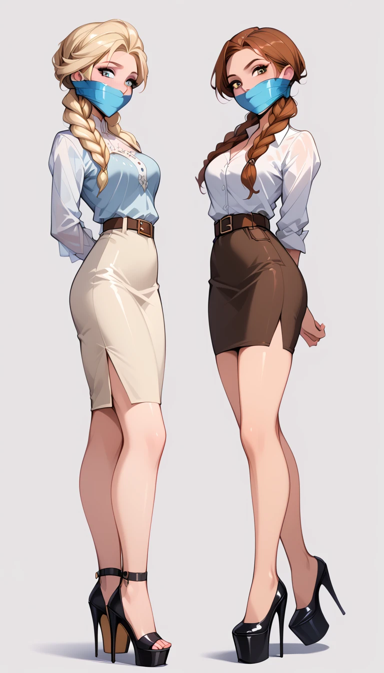 score_9, score_8_up, score_7_up, 2girls, duo, (Anna, brown hair, braided pigtails, wearing tight pencil skirt, belt, blouse, spectacles, platform heels:1.3) wrap tape gag and (Elsa, blonde, braid, wearing tight pencil skirt, belt, blouse, spectacles, platform heels:1.2), flirt, gaze, sexy look, half-closed eyes, head tilt, filled lips, thick lips, makeup, side view, (full bodies in view) expressiveh d4rk01l, perfect hands, perfect proportions, simple background. shibari, bound arms, arms behind back, legs apart, wrap tape gag.