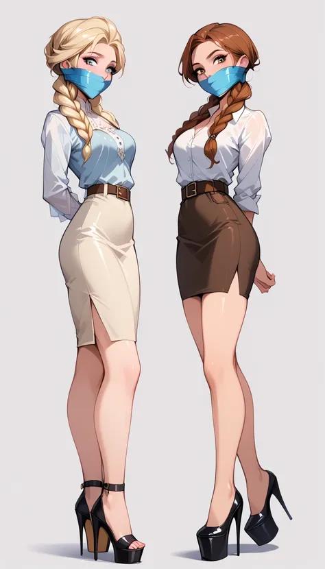 score_9, score_8_up, score_7_up, 2girls, duo, (anna, brown hair, braided pigtails, wearing tight pencil skirt, belt, blouse, spe...