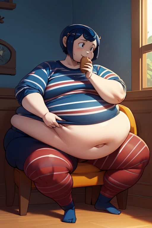 Coraline, Getting fat , Iconic clothing, Blue pants ,Blue and white striped jersey , Red socks , Clothes adapted to your fat body, Sitting on a chair, full of sweets, cakes, she happily eating , next to it in the back there is a table full of desserts (Perfect anatomy of an obese female body),(clothes that fit your big, fat body size).