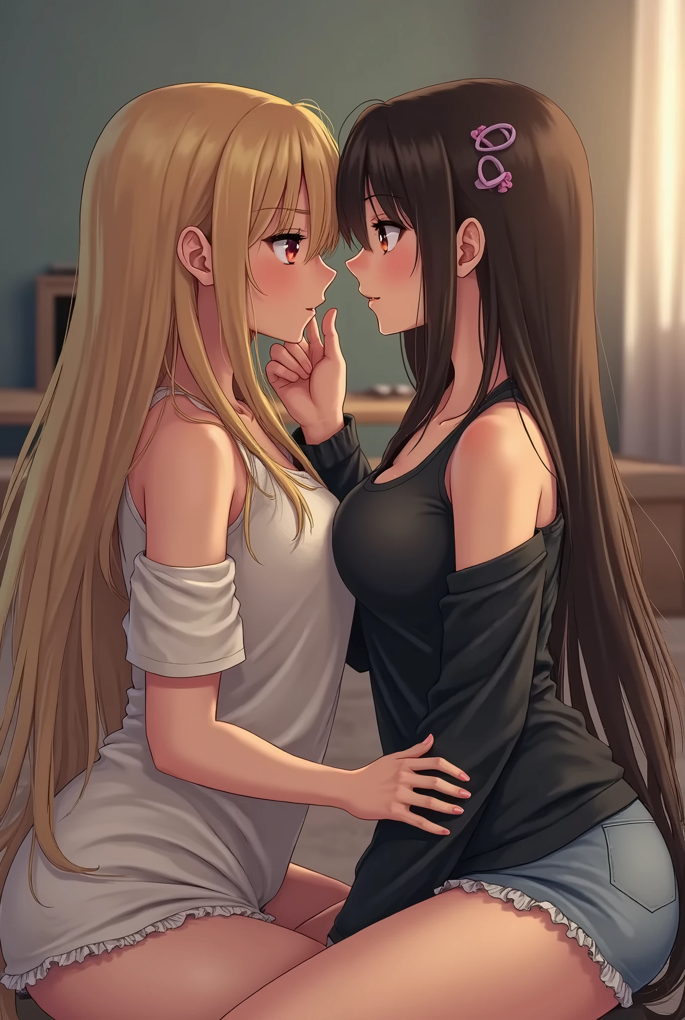 2girls, jeans torn apart, underwear, kiss, skinny sexy