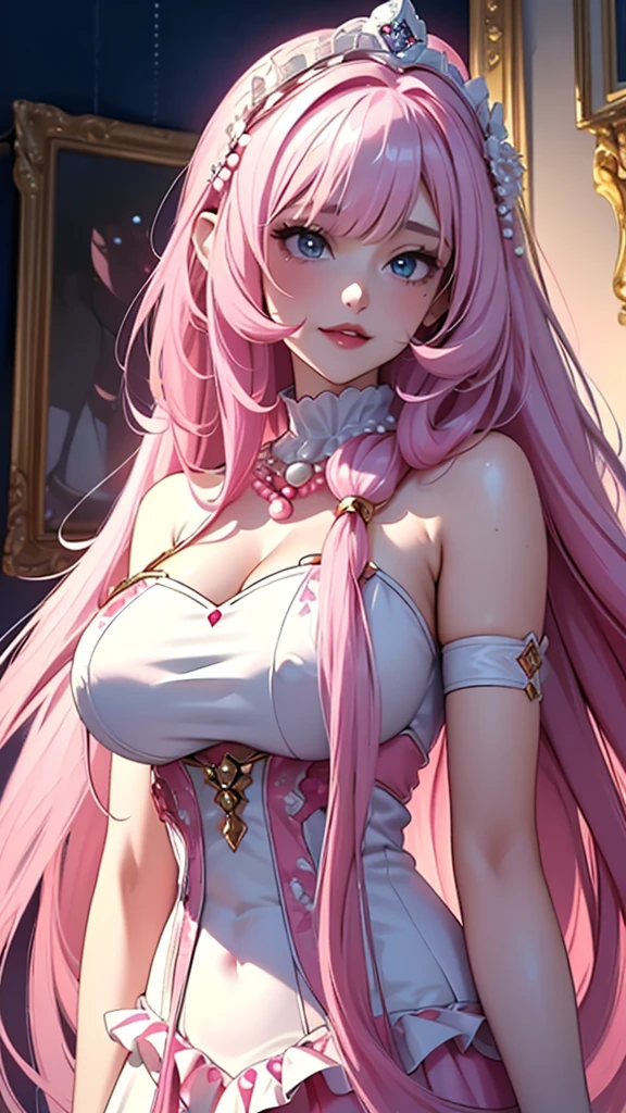 A masterpiece of the highest order, ultra high precision, ultra high image quality, 8K quality, realistic anime style, a woman, a perfect woman with the best anatomical and ergonomic face and body, a well-proportioned face and body, (((Long hair))), (((shiny Pearl pink hair))), long bangs, a slim face, ((narrow Blue eyes)), deep glossy and shining eyes, eyes with highlights, very long eyelashes, thin red lips, a tall and slender body, very large breasts, a tight waist, large hips, white skin, moist and lustrous skin, ((Gorgeous Shiny Pearl Pink colored ruffle dress)), ((royal style dress)), a large pearl necklace, large earrings, thick bangs, a beautiful smile, a mysterious atmosphere, a great presence, upper body, ((Intricately crafted platinum tiara))
