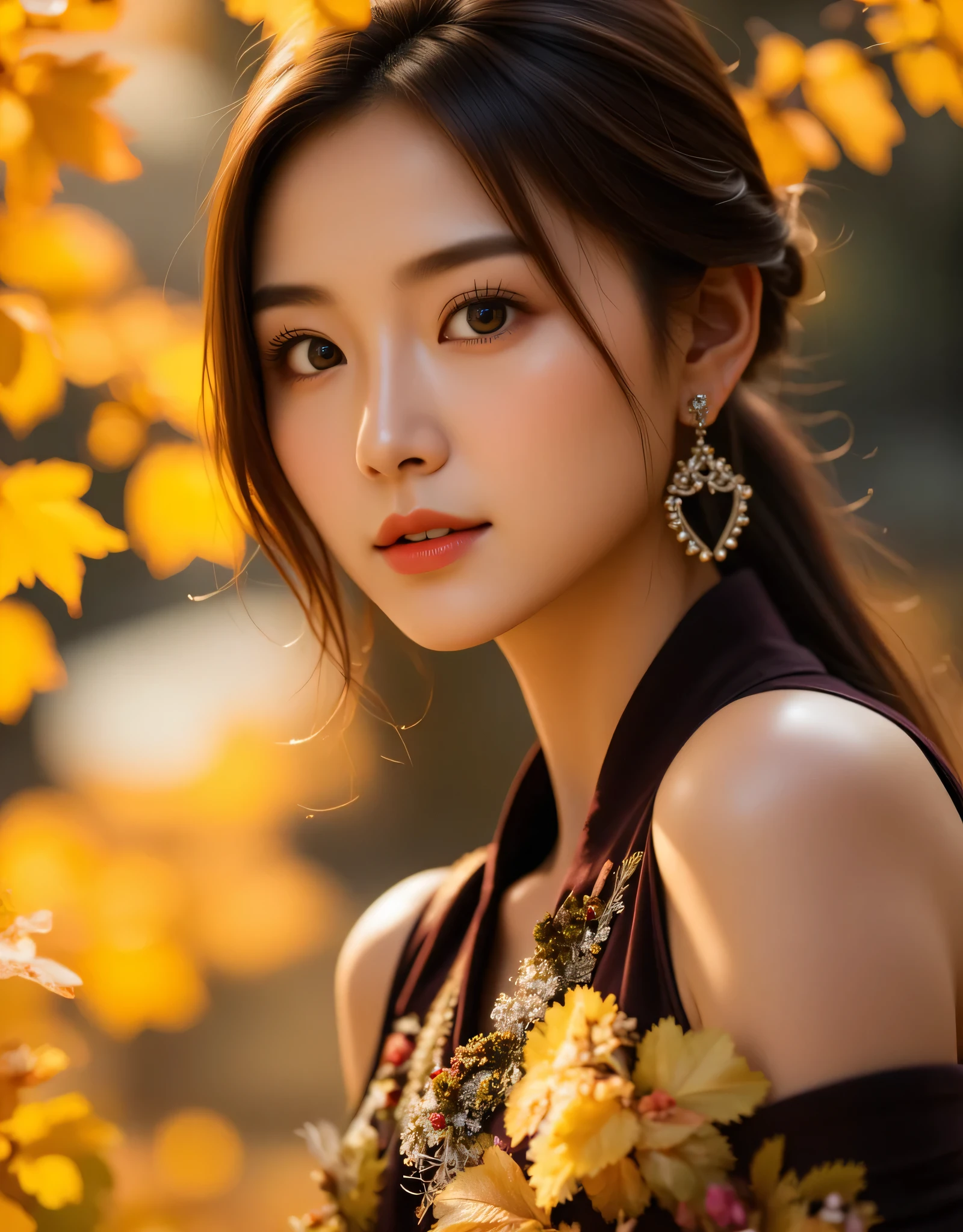 masterpiece, 8k, high resolution, high quality, ultra-detailed, beautiful face, epic lighting, dynamic pose, glowing skin, bokeh, Masterpiece of an autumnal scene: a stunning Korean girl posing dynamically against a warm, golden background. High-resolution details abound, showcasing her breathtakingly beautiful face with glowing, flawless skin. The soft focus of the bokeh effect creates depth and dimensionality, as epic lighting accentuates her features. Ultra-detailed textures bring to life the vibrant foliage and rustic atmosphere, transporting viewers to an idyllic autumnal setting.