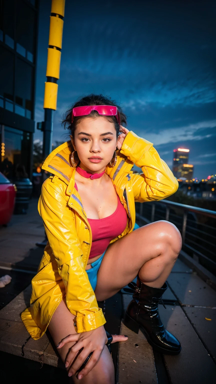 (masterpiece), (best quality), (photorealistic1.4), (epiCRealLife), (epiCFlashPhoto), (SelenaGom3z in Jubilee Costume), (Jubilee Hairstyle), (Jubilee loop Earrings), (Jubilee red peach top), (Jubliee latex gloves), (Jubliee yellow gloves), Selena Gomez, (on the street), (yellow raincoat) (jean short), ((Jublie eyewear on head)), (large breasts), (Cleavage),,  (SelenaGom3z in blue boots),(at night), (night skyline scenery ), (on city rooftop), (pose for pictures)