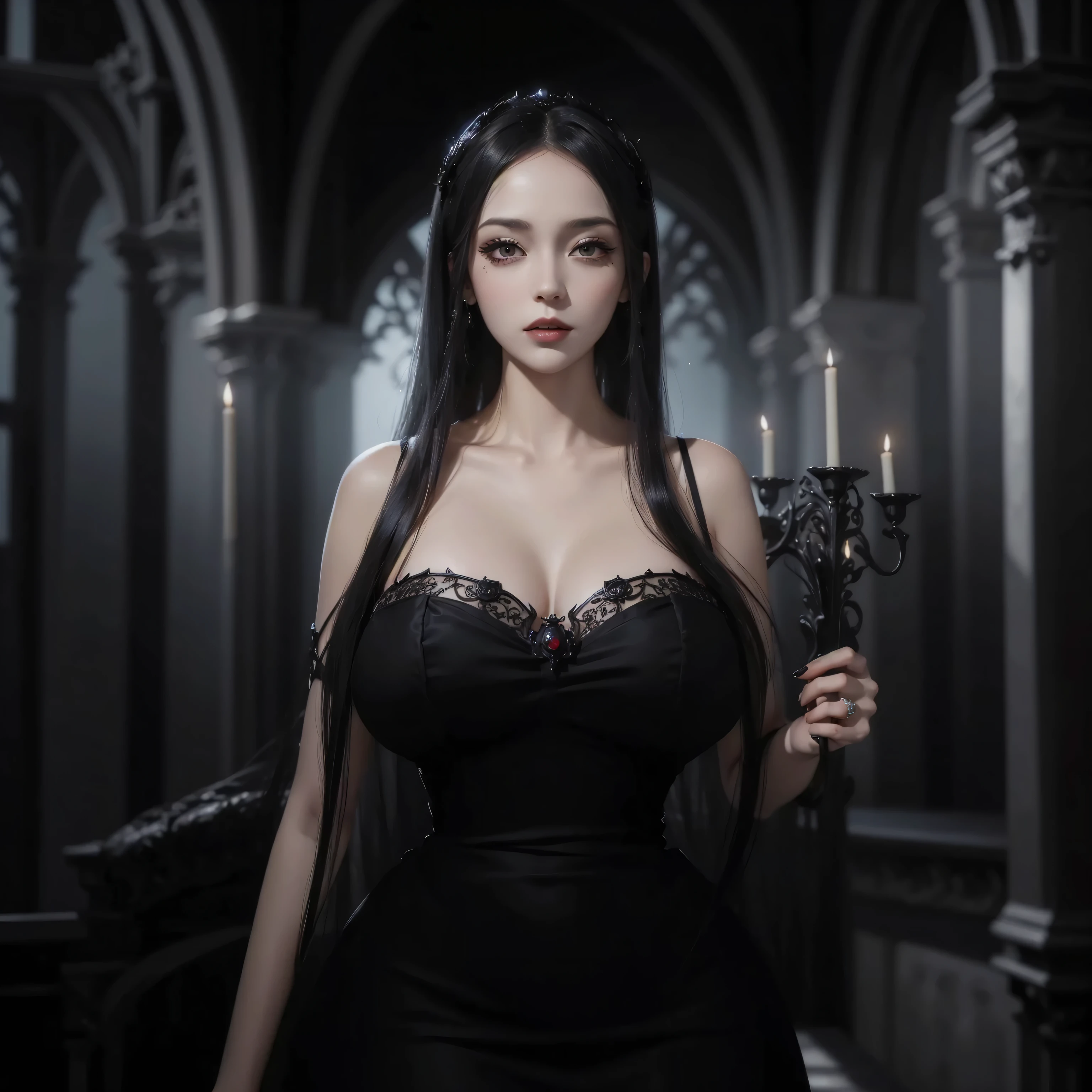 (Masterpiece), best quality, highest quality, highly detailed CG unity 8k wallpaper, original, high resolution, (depth of field: 1.5), fidelity: 1.3, breasts, bride portrait style, 1 girl, altar background, black veil , black wedding dress, necklace lou, solo, earrings, black_hair, red bouquet of roses 