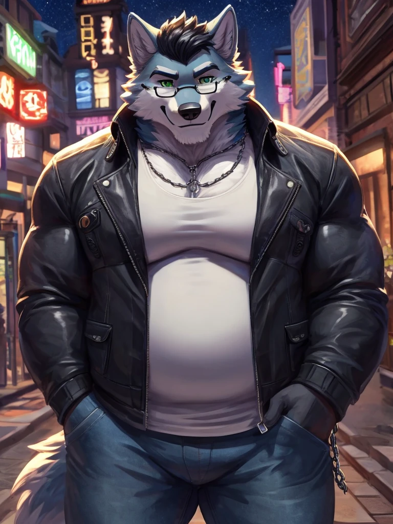 solo, wolf, anthro, male, extremely fat cheeks, obese, large belly, grey fur, purple iris, messy mane, piercings, wearing black jacket, wearing shorts, looking at viewer, smiling, detailed face, outdoors, city, nighttime