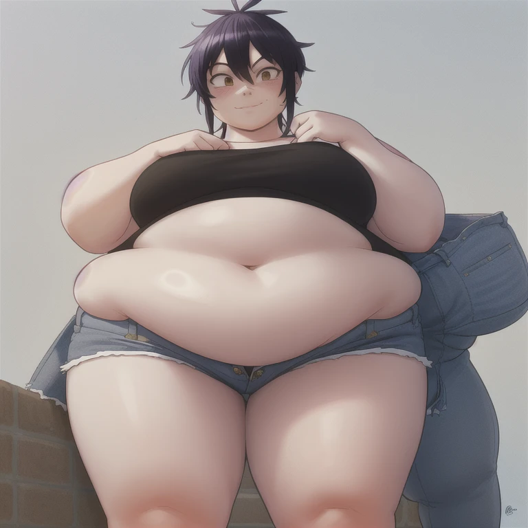 noodles (Gorillaz), masterpiece, best quality, solo, big fat body , purple hair, medium hair, looking at the viewer, bangs, upturned nose, converse, over-eye hair, high tops, blush, detailed fingers, 5 fingers, sfw, sexy expression, seductive smile, detailed music studio background, denim shorts, small breasts, long stockings, portrait, crop top, midriff, detailed tummy, standing, detailed between legs, freckles, makeup, legs open,  breast teasing, hands behind the head, taking off shirt, panties, flirty pose(clothes that fit your big, fat body size).(Perfect anatomy of an obese female body),