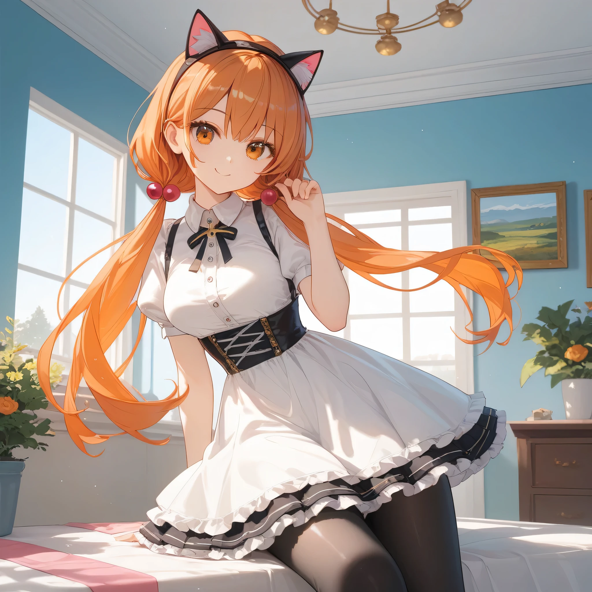 score_9, score_8_up, score_7_up,source_anime, high res image,masterpiece,best quality,girl,cute face,clear skin,shiny hair,ultra detailed eyes, tall female, young female, alisa southerncross, orange hair, low twintails, long hair, hair bobbles, (cat ears hairband, black hairband, pink circle:1.00), orange eyes, looking at viewer, medium breasts, white dress shirt, juliet sleeves, frilled black skirt, layered skirt, black leggings, thighs, light smile, scenery, indoors, , hand up,