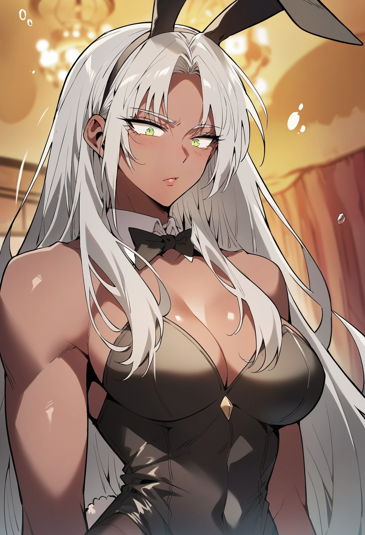 long hair, grey hair, white hair, green eyes, dark skin, yellow eyes, dark-skinned female, parted bangs,large breasts,bunny suit,bunny ears