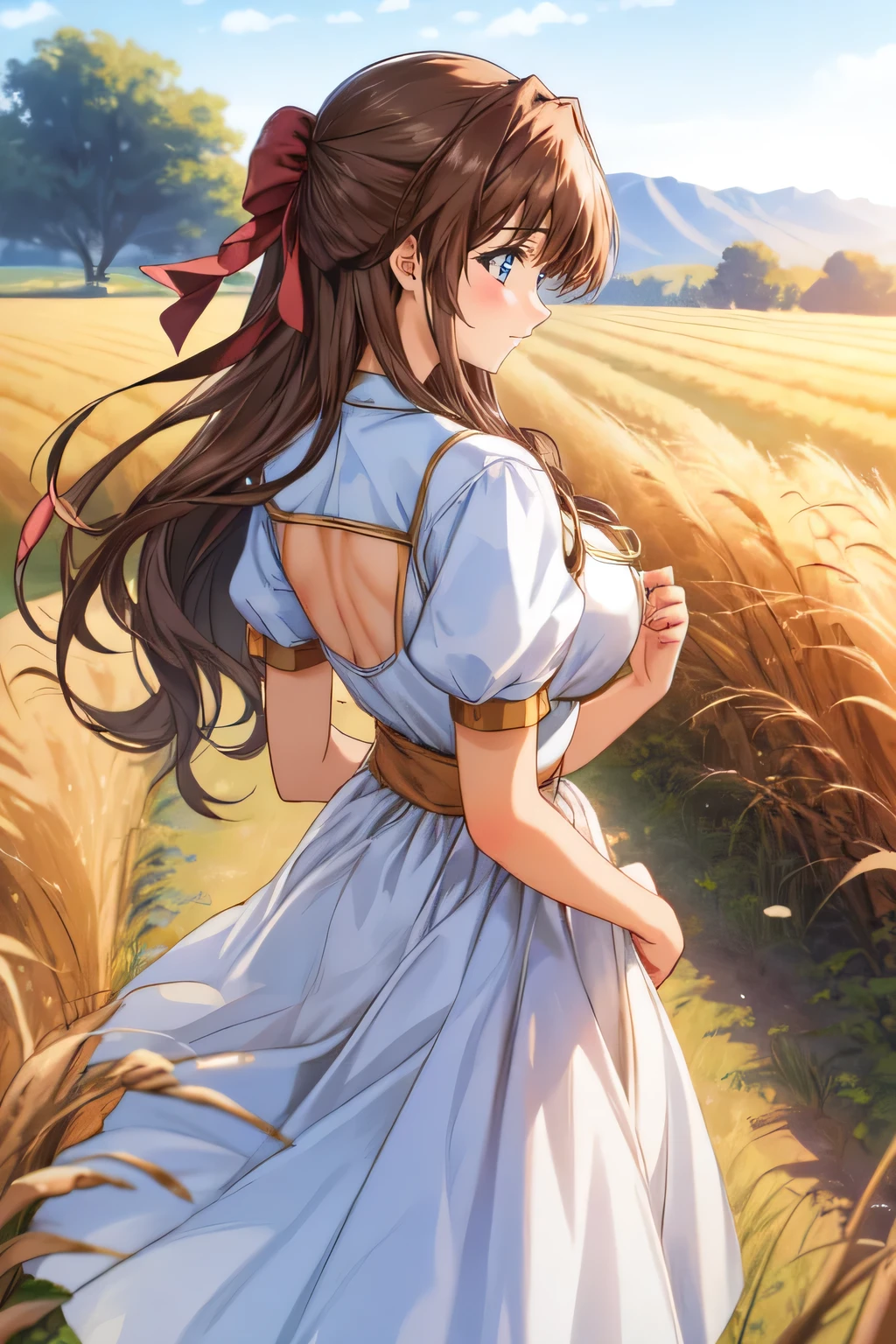 One girl, 20 years old, Tall and attractive, Wearing a cute country dress, , Standing on a rural farm. She is kind, A kind smile and expressive eyes. A charming barn can be seen in the background., Golden wheat fields and clear blue skies. The composition should be bathed in warm golden hour light, Soft bokeh and depth of field emphasize the ideal stillness. Capture images that look like they were shot on vintage 35mm film for added impact, membrane,((An old man groping her breasts from behind))　Five fingers　Soft Breasts　　