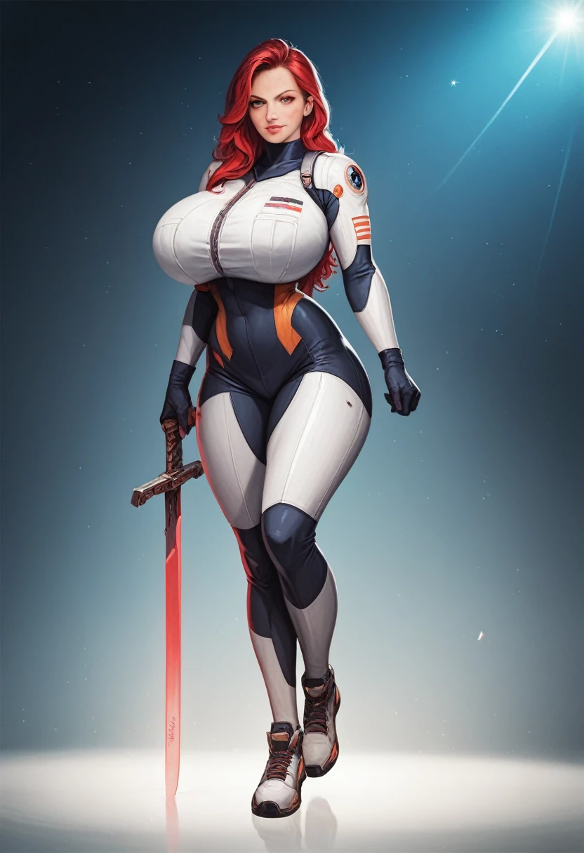 amazone, red hair, long hair, huge breasts, bearing hips, full body view, heavy space suit, she is carrying a large heavy zweihander with a dark wooden handle that is almost as big as her, two handed sword standing proudly, smilling , highly detailed, highly detailed face, intricate details, cinematic lighting, photorealistic, 8k, hyperrealistic, dramatic shadows, dynamic pose, strong colors, vibrant palette, sci-fi, concept art, digital painting
