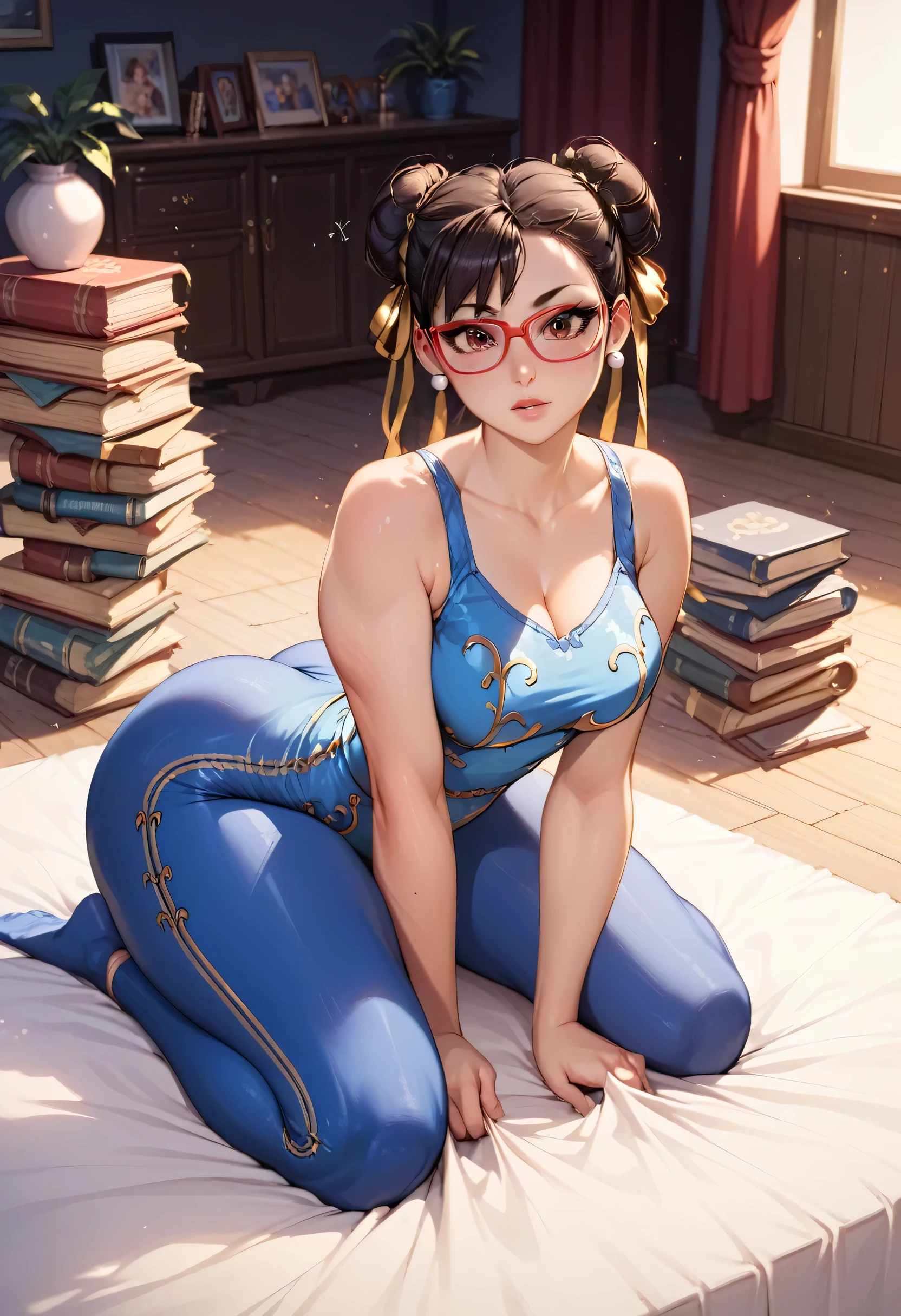 A woman, smooth skin, white skin, big eyes, long eyelashes, cute big eyes, small torso, huge ass, plump ass, Wide hips, fleshy legs, thick thighs , (The best quality), masterpiece, chun li, she is so cute, (She is wearing bunny pajamas and red glasses), (She is wearing blue leggings), (ultra high Bloom), (high-contrast), (High quality Shaders), (shadows), (Ultra shadow quality), (hyperrealism), (She is sitting in her living room, surrounded by books and sheets of notes scattered around the room. She has her hand on her face in a thoughtful manner., visibly worried and intrigued. The light is soft and there is an air of tranquility in the environment.) 