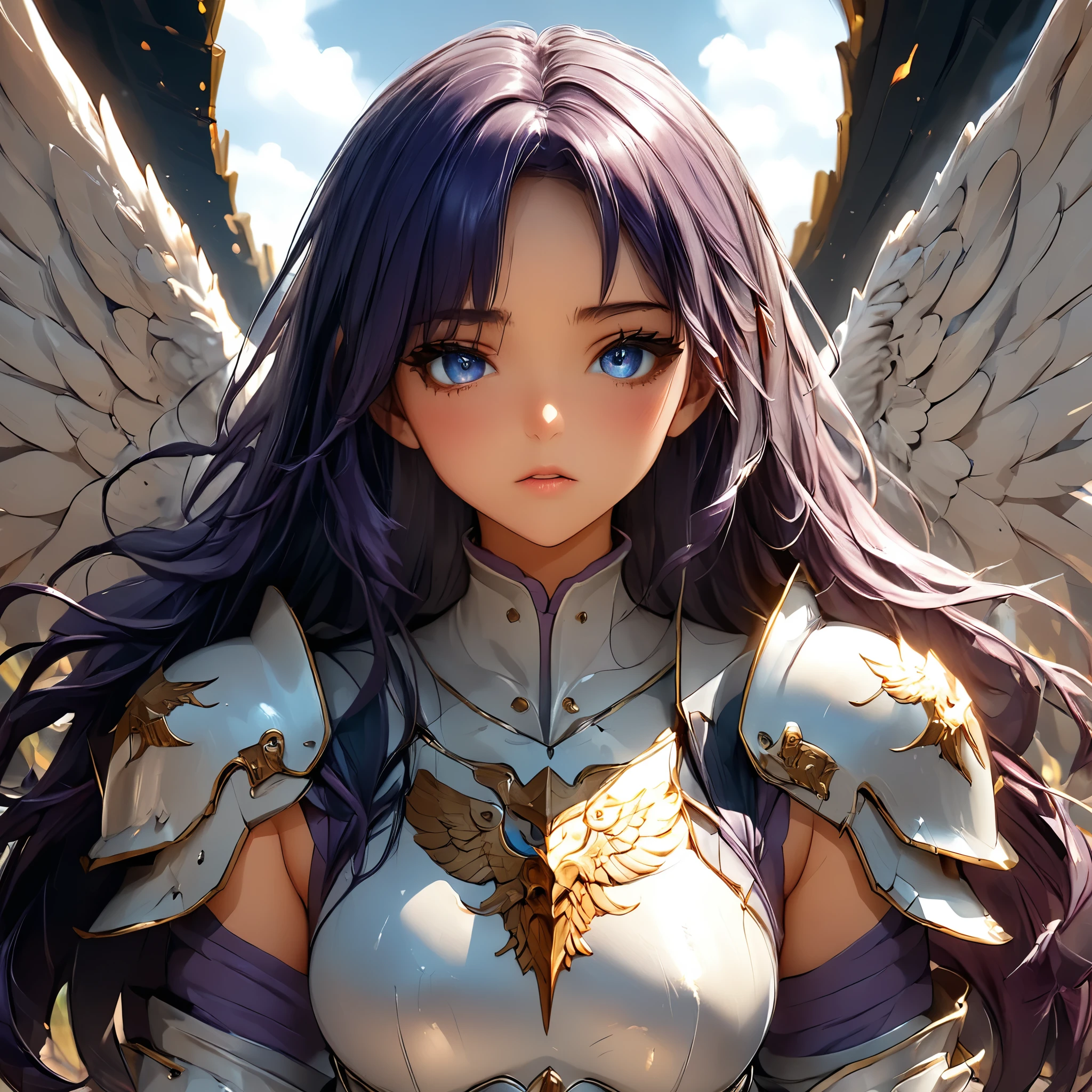 Masterpiece, 4k, HDR, full HD, (best quality), (ultra detailed), (only), (extremely delicate and beautiful fabric), super complex ANIME TYPE, best quality, 1girl, very expressive eyes, deep purple hair , hyper beautiful face, purple hair, perfect anatomy, shiny, oily skin, full body, alone (shiny purple hair, long hair), looking at viewer, bright blue eyes, perfect hands, perfect legs, super detailed clothes, intricate clothes,The image shows a warrior covered in imposing and detailed armor. The armor's design is robust, with scale-like silver metal plates and sharp edges giving it an appearance of strength and protection. They feature large, angular shoulder pads that look like stylized wings, while the helmet has a structure that resembles the head of an eagle. The intense red color adorns the interior areas and decorations, providing a powerful contrast with the metallic silver. It is armor clearly designed for battle.