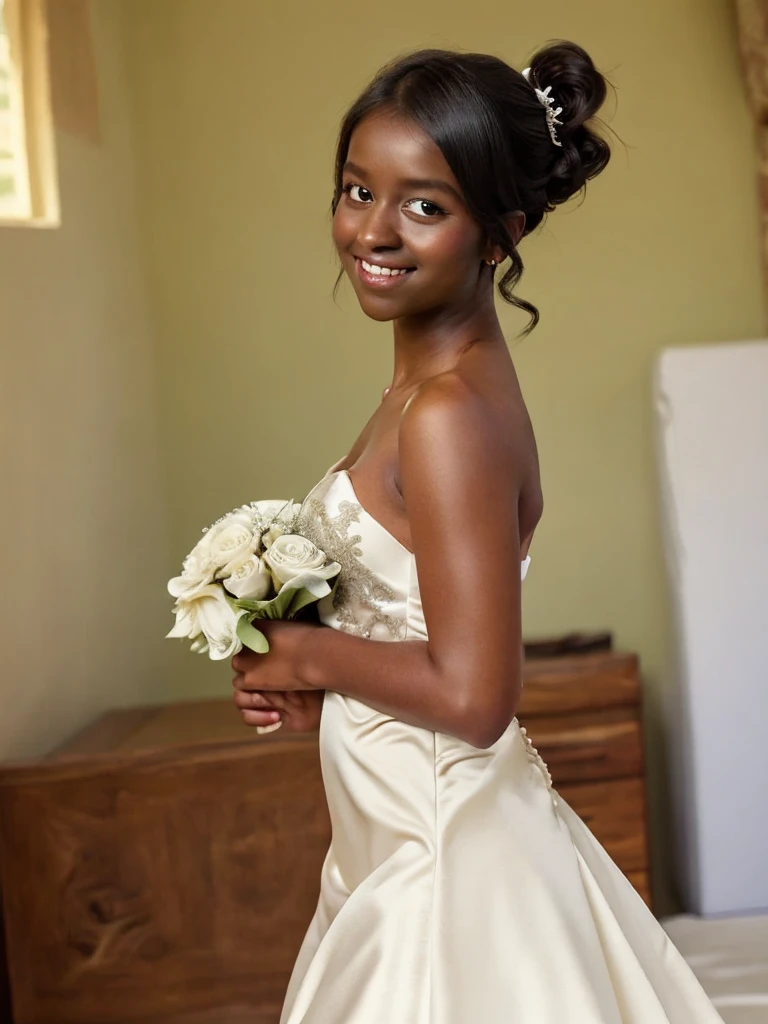 A Indian girl, black ponytail, (black skin:1.4), BREAK, *********, standing, (satin princess dress, white wedding dress:1.4), BREAK, (wedd00ing:1.2), (tiny tits, tt_flat), ((shooting from side)), armpit, smiling,+ bedroom, 