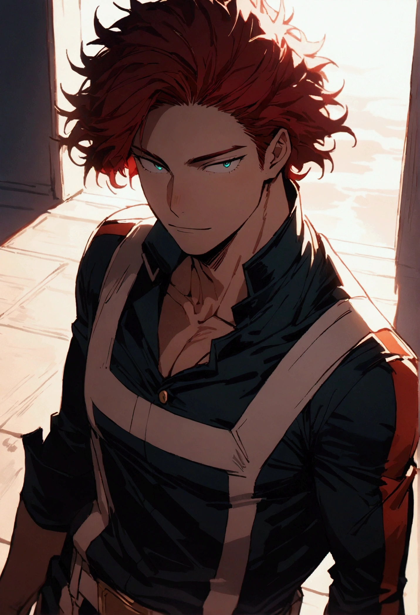  He is a 21 year old adult , has red hair, slightly disheveled...., turquoise eyes something , , muscular body , Cara sexy,  He is dressed in the anime's uniform "my hero academia", Happy and confident face , 8K, High quality,  masterpiece,  dramatic lighting , cinematic, bright colors
