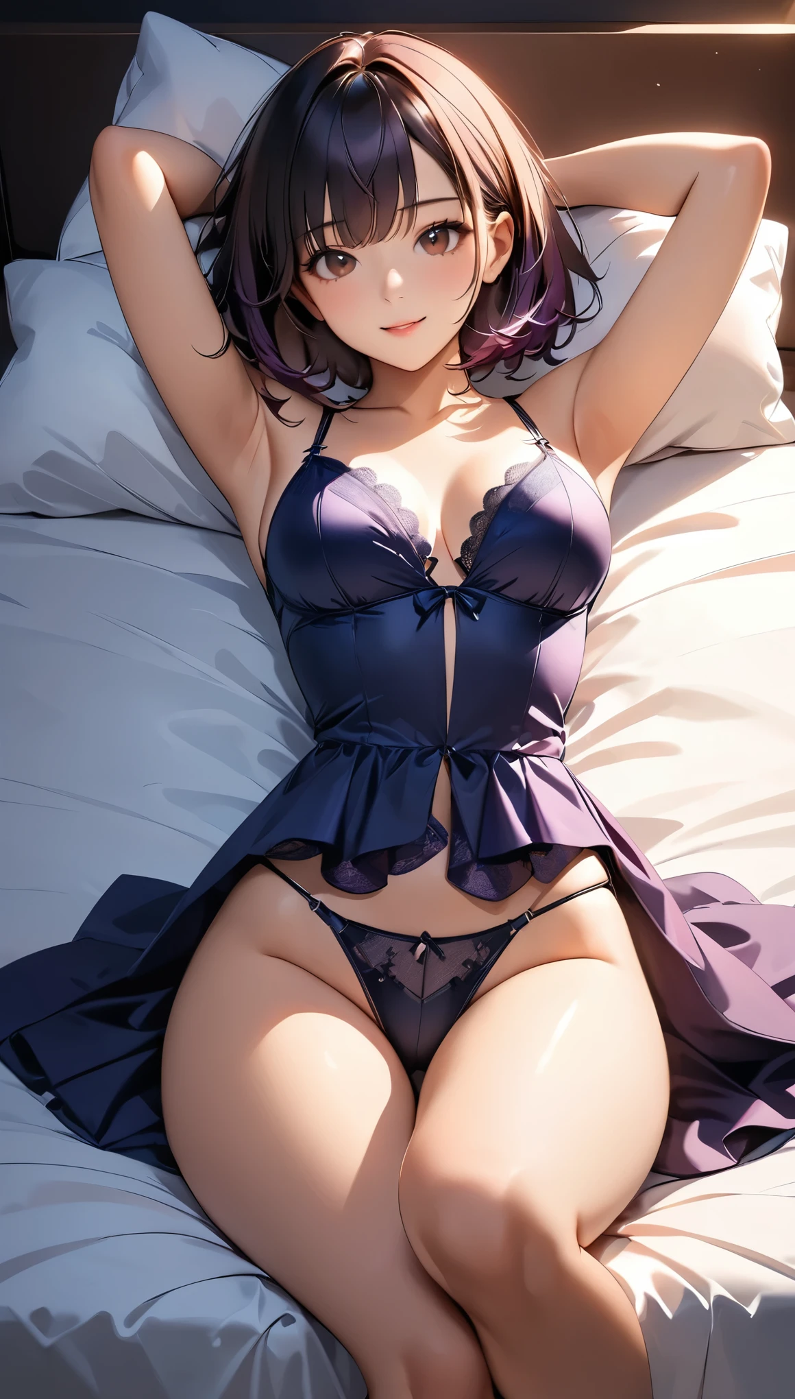 Woman in lingerie、Bob hair black、Sexy pose、Show your armpits、Lying down、4K、Super detailed、 photorealistic、Best Quality、8k、High resolution、Dimly lit bedroom、Chiaroscuro、 Physically Based Rendering、dark colors、masterpiece