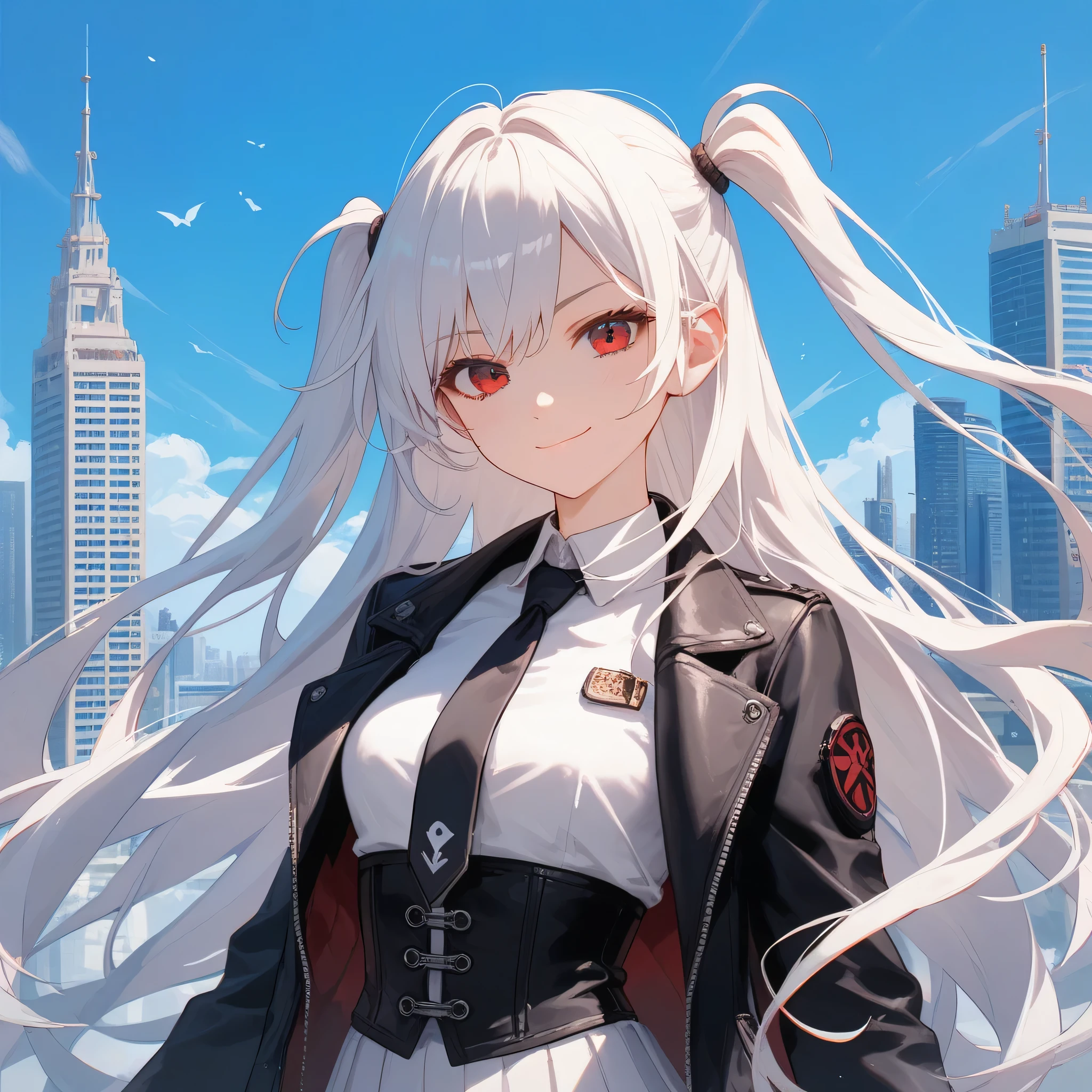 score_9, score_8_up, score_7_up, score_6_up, source_anime, 1girl, solo,Alexia Midgar, white hair, red eyes, two side up, long hair, black jacket, black necktie, white shirt, corset, white skirt, pleated skirt, upper body, portrait, city, blue sky, looking at you, smile, happy, smirk, closed mouth